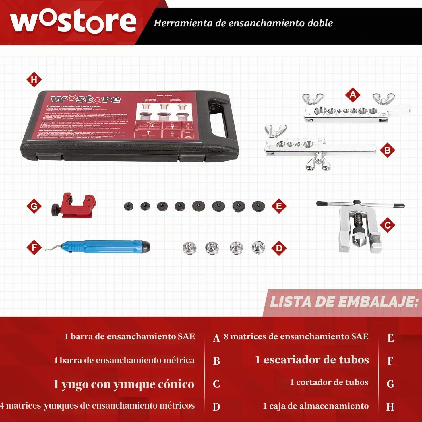 Wostore Kit Profesional de línea de Freno para bengalas Individuales, Dobles (SAE) y bengalas de Burbujas (ISO) con Cortador de Tubos, escariador de Tubo para 3/16-5/8 Pulgadas, 7 tamaños