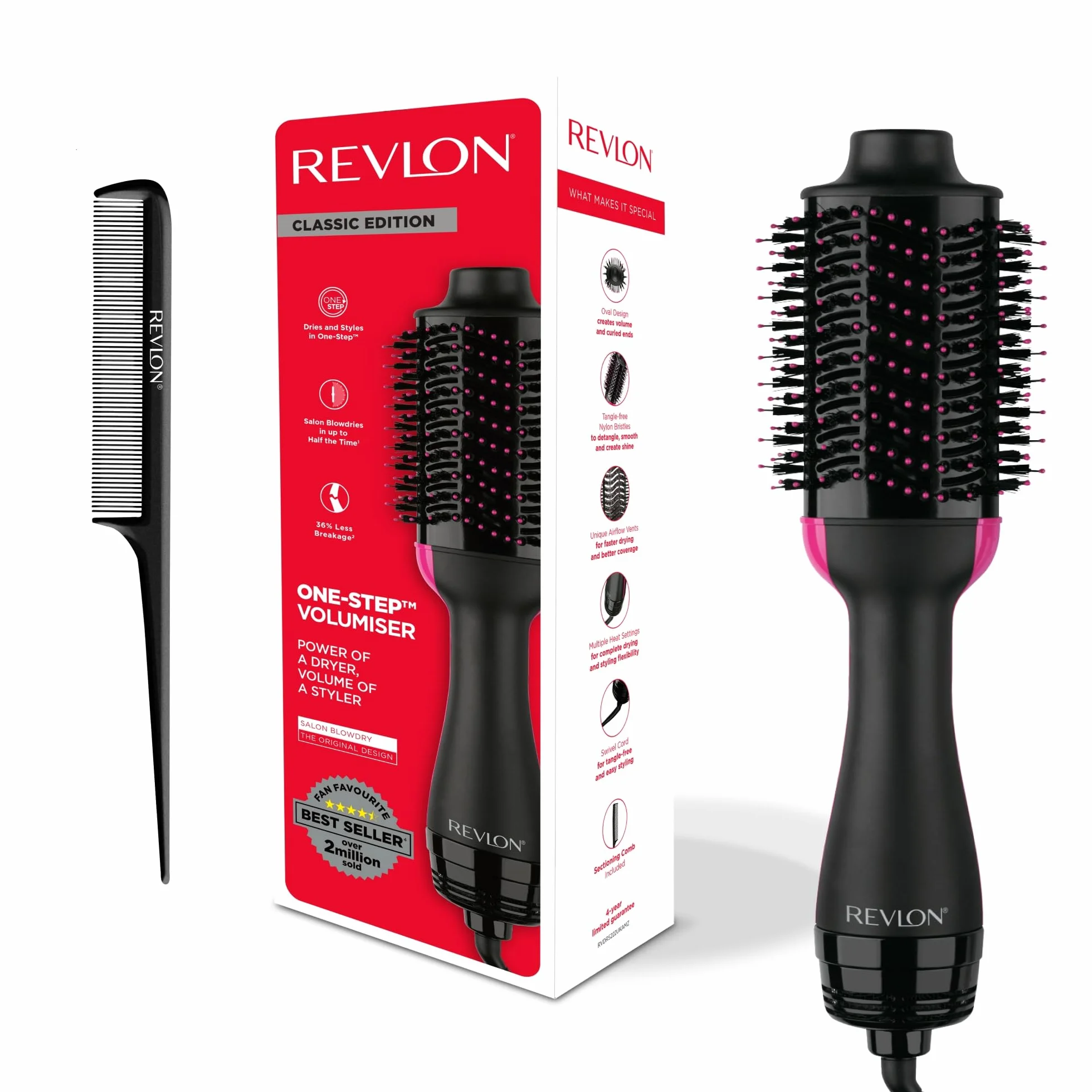 REVLON Salon One-Step Secador y voluminizador con peine seccionador - 3 calor 2 velocidades, revestimiento cerámico