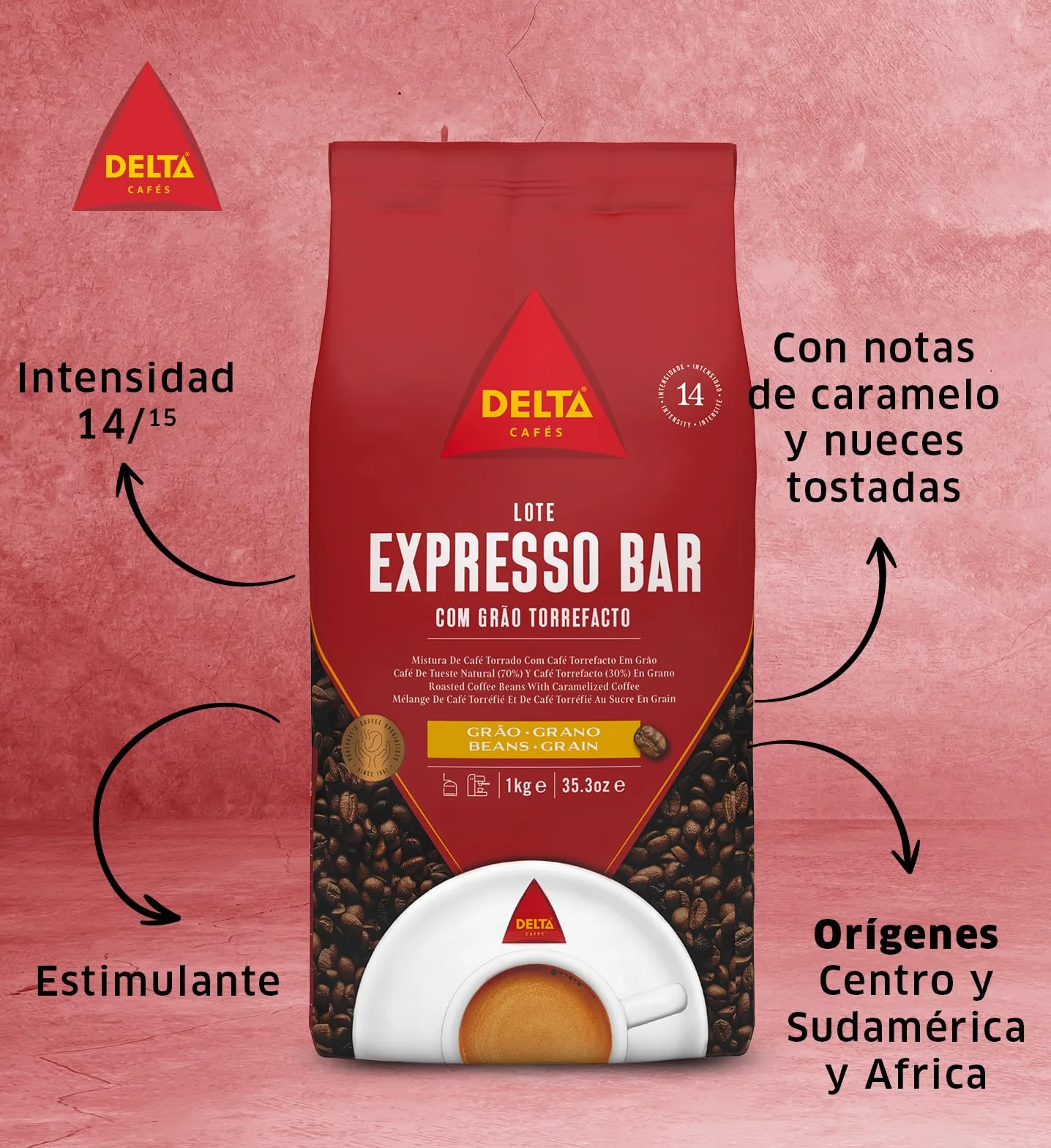 Delta Cafés Café en Grano Espresso Bar 2x1 Kg Intensidad 14 Mezcla Arábica Robusta