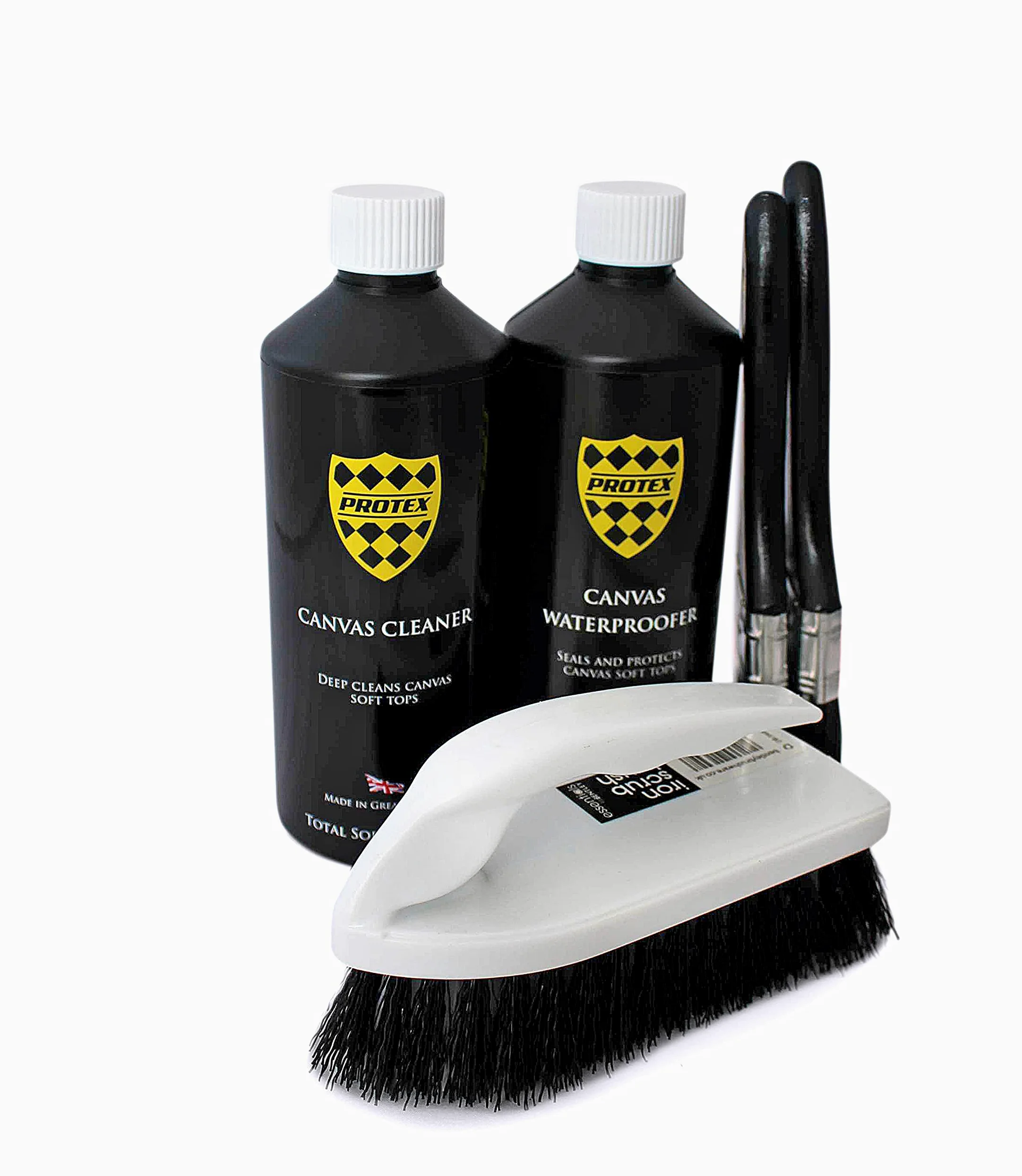 PROTEX Kit de cuidado convertible de parte superior suave con limpiador de lona e impermeabilizante - 1 litro, dos cepillos aplicadores y un cepillo de limpieza superior suave - Kit de cepillos