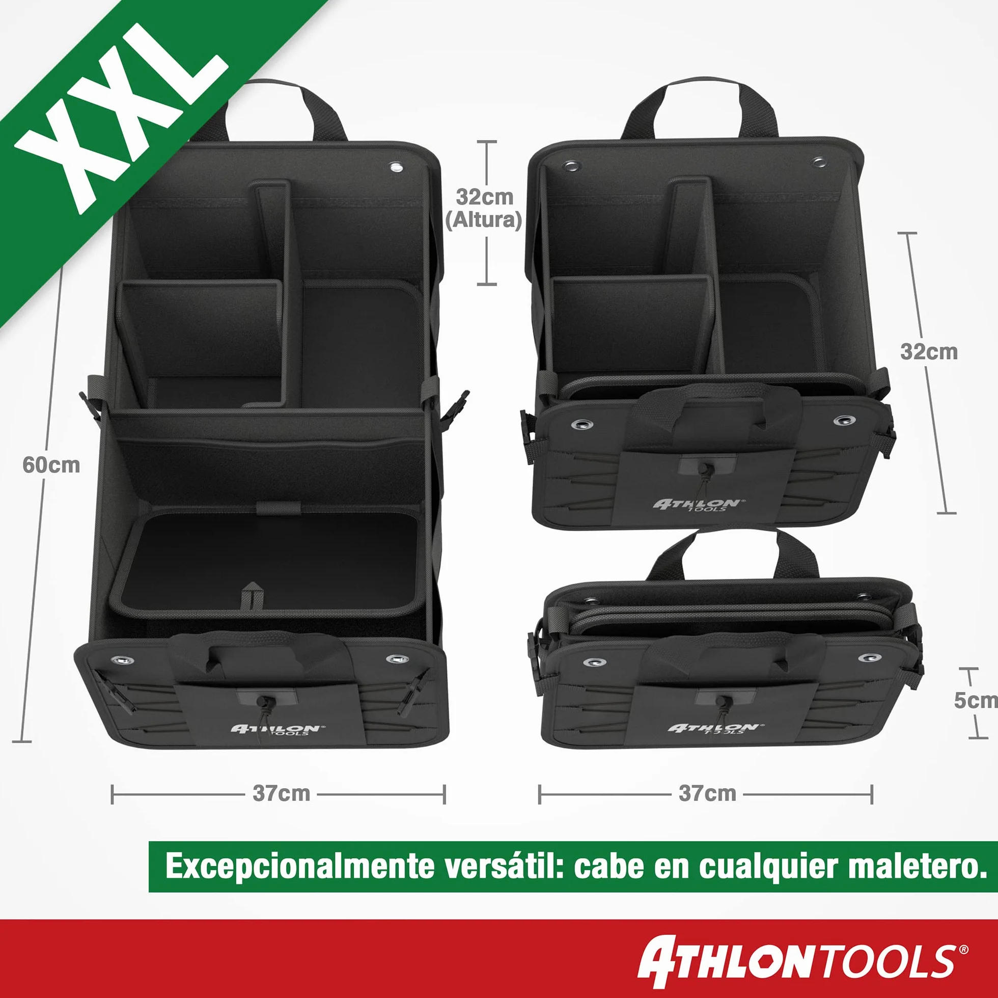 ATHLON TOOLS Bolsa de maletero prémium con tapa, XXL de 60 litros organizador de maletero, base extraestable e impermeable con cierre de tiras antideslizante