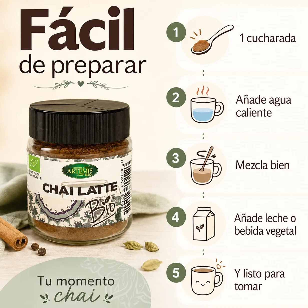 Chai Latte Bio Artemis 60 g té en polvo con especias ecológicas mezcla para leche o bebida vegetal