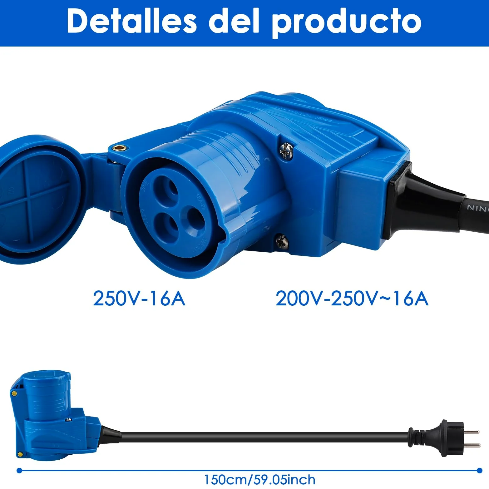 Cable Adaptador CEE acodado con Enchufe a Enchufe de protección de Contacto, Cable de 1,5 m, IP44, 250 V/16 A, 3 Polos, Toma de corriente angular cableable para Camping