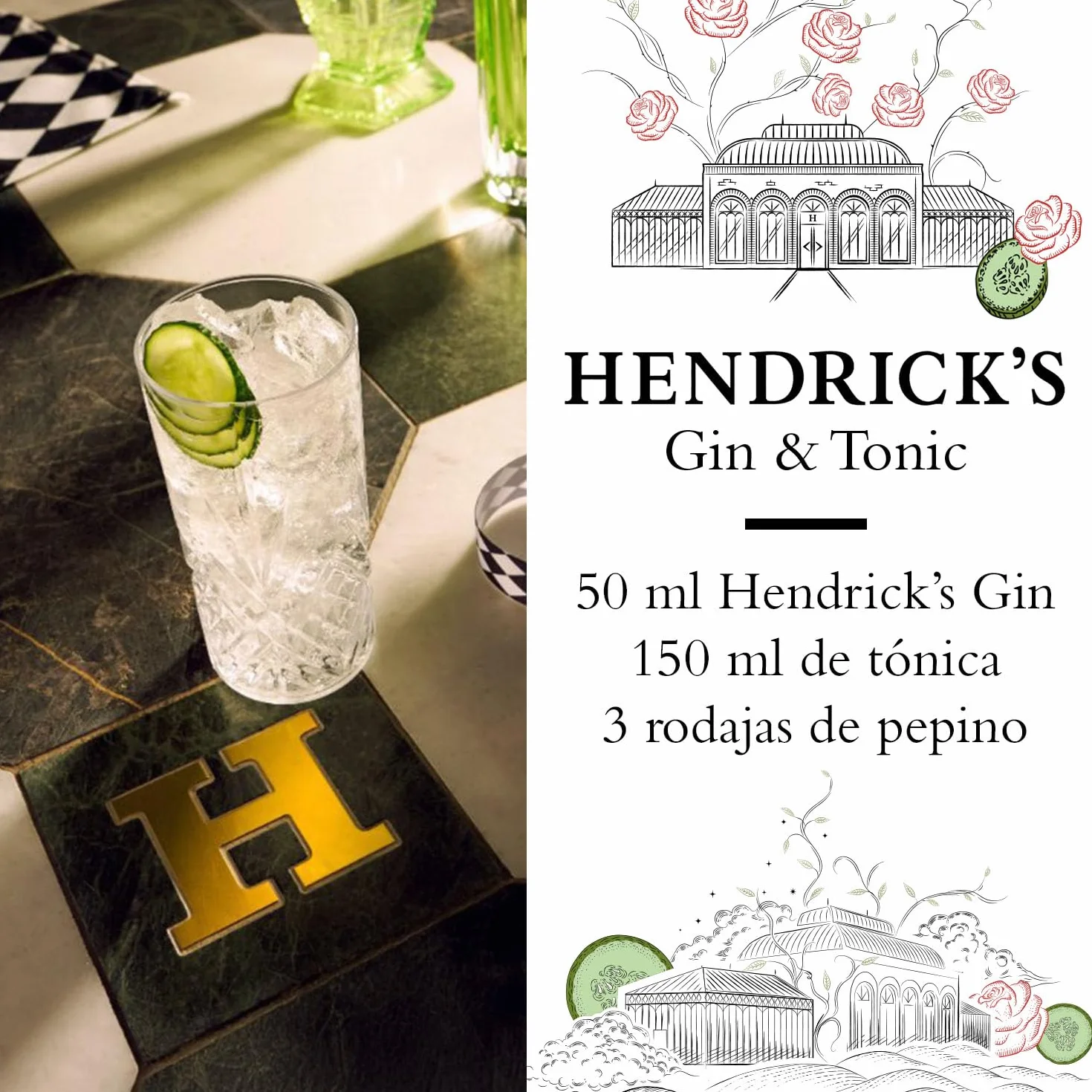 Hendrick's Gin Ginebra superpremium infusionada con pepino y rosa 41,4% vol. 70 cl