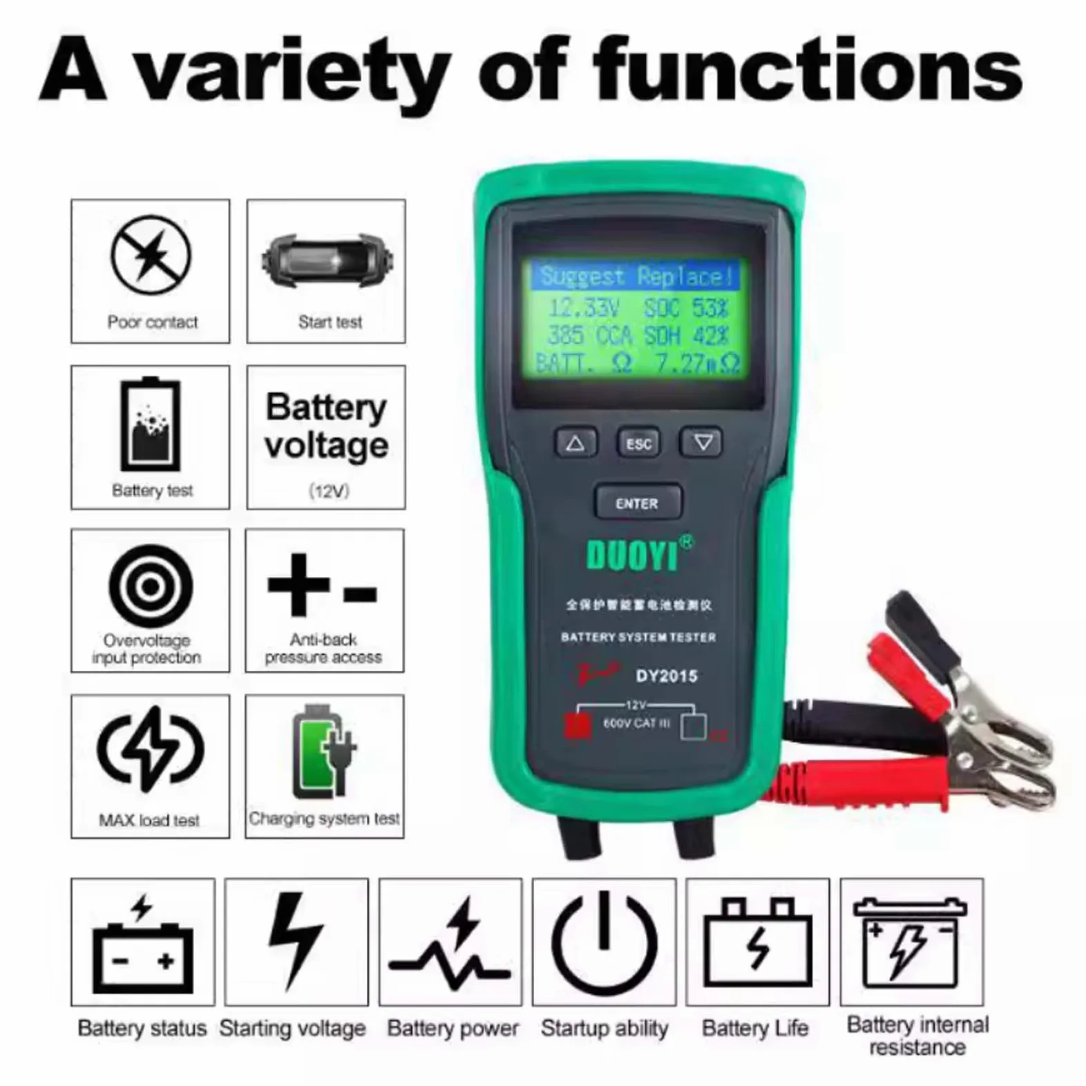 Probador de Carga de Batería para Automóvil de 12V/24V, Probador de Carga de 100-1700CCA, Probador de Alternador Automotriz, Analizador de Batería Digital (12V)