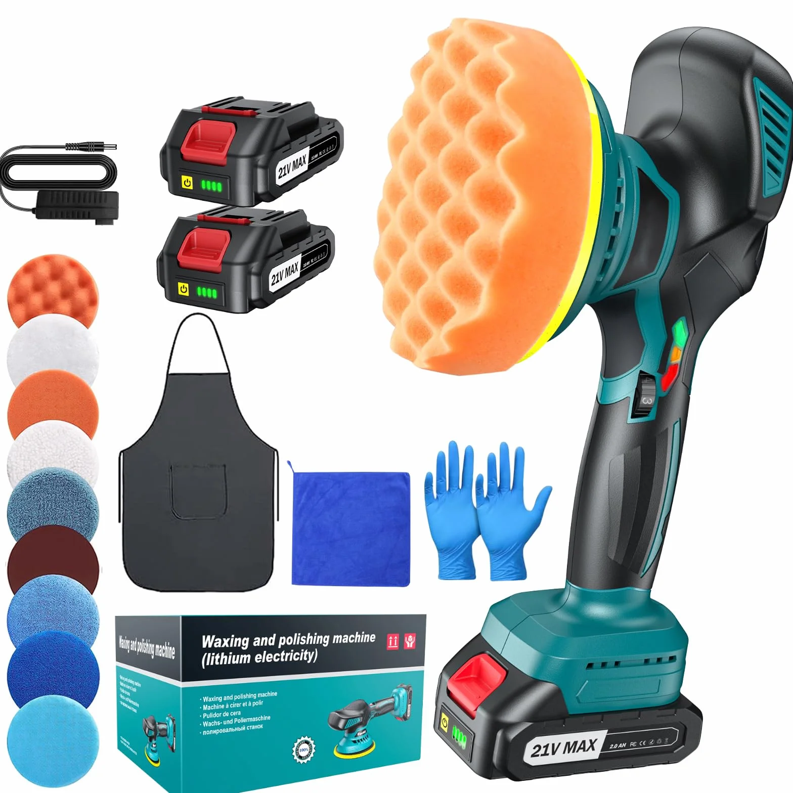 Pulidora Coche Inalámbrica 150 mm Orbital Doble Acción con 2×21V 2000mAh Baterías, Kit 13 Piezas, 6 Velocidades Ajustables 5500RPM, Pulidora Batería para Encerar, Eliminar Arañazos y Renovar Pintura
