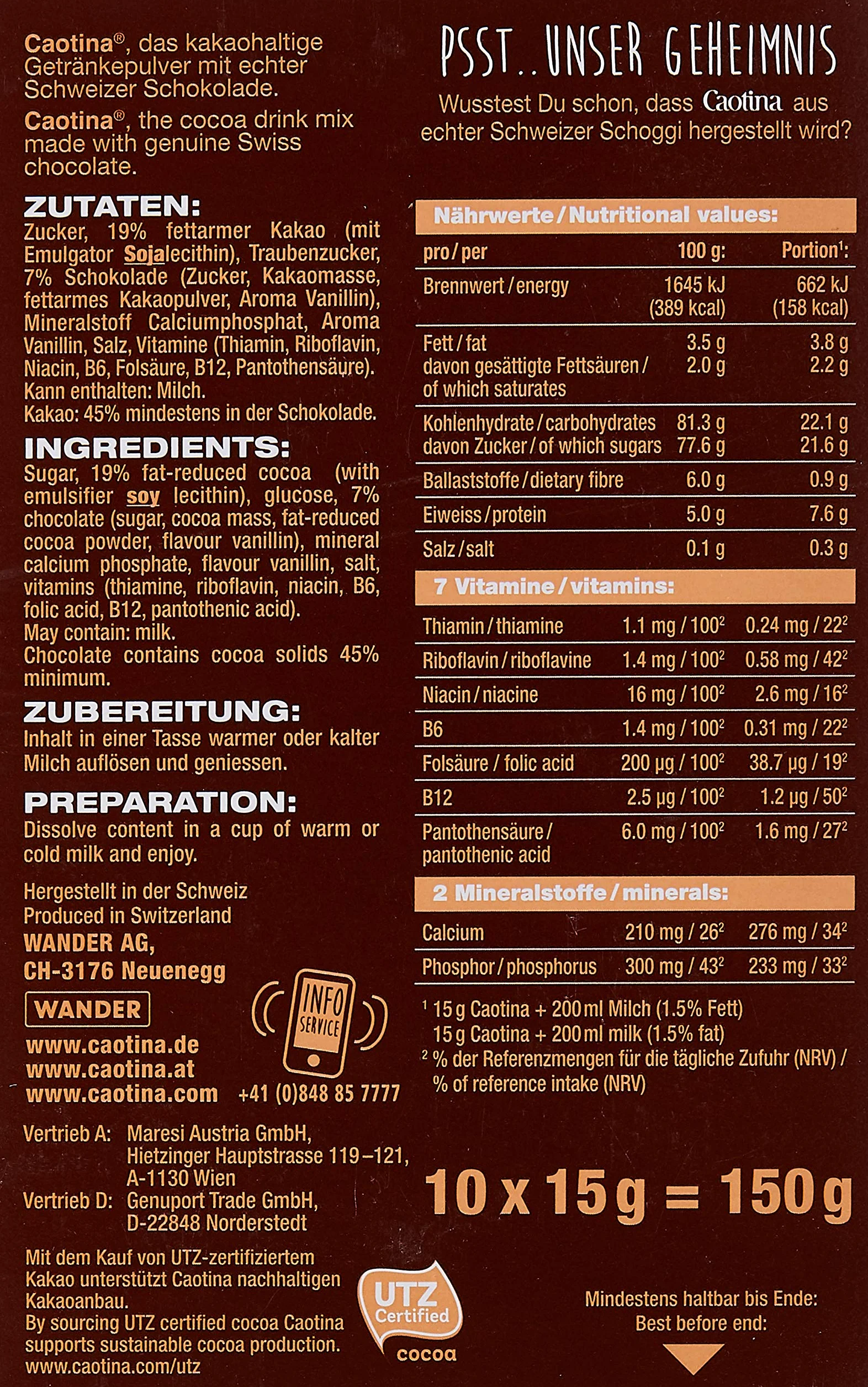 Caotina Original Cacao en Polvo, Chocolate Suizo Caliente Sostenible, 1x150g
