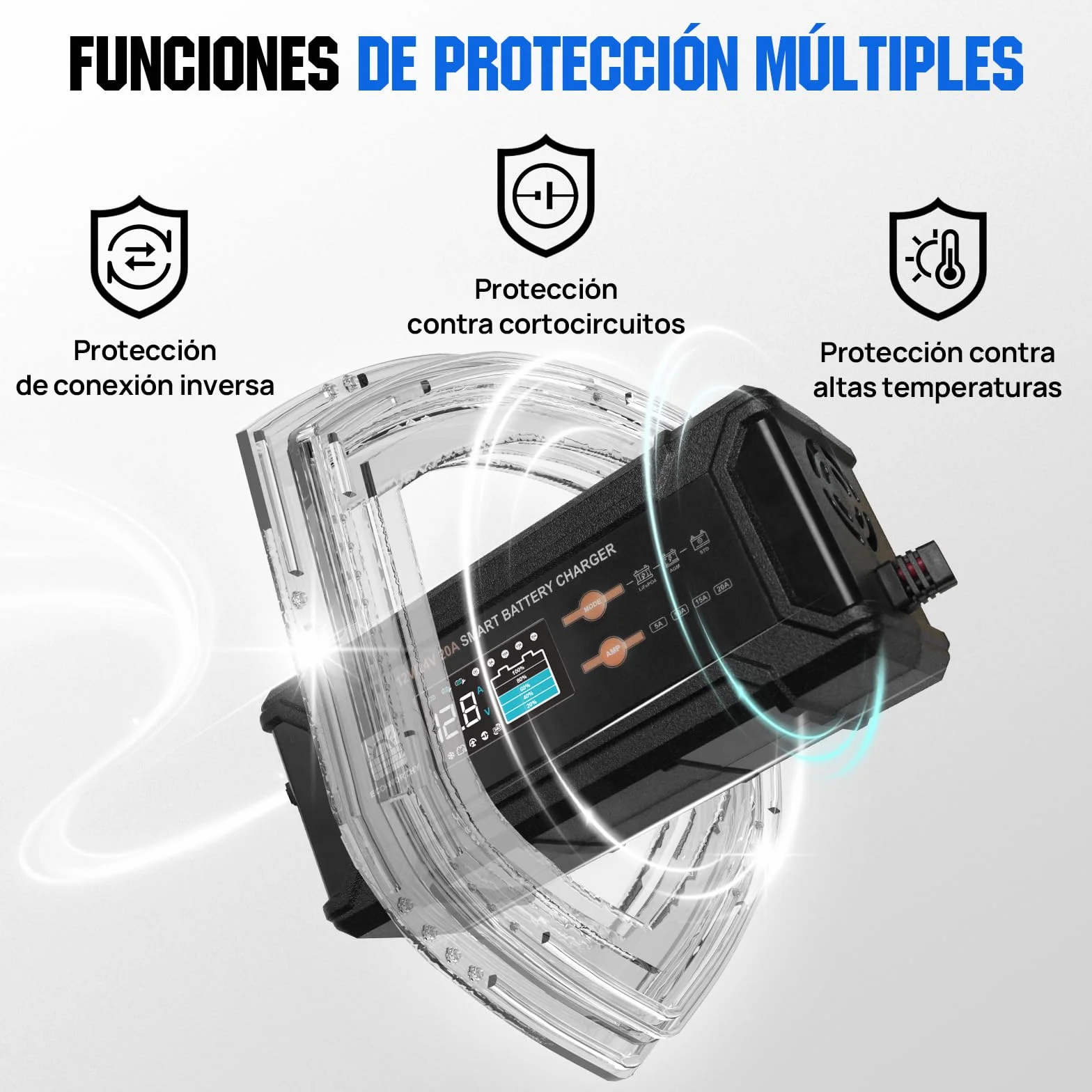 ECO-WORTHY 12 V/24 V 20 A Cargador de batería LiFePO4 con opciones multicanal 5 A/10 A/15 A/20 A, detección automática de voltaje de la batería Ploácido LiFePO4