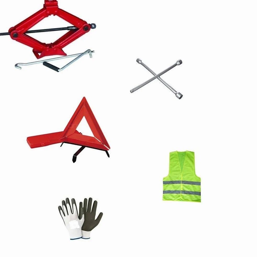Compatible con Nissan E-NV200 EVALIA Kit Emergencia Coche Gato DE PANTÓGRAFO con Base DE Acero Y Llave GIRATORIA+Llave EN Cruz para Tornillos+TRIÁNGULO DE Emergencia Fluo