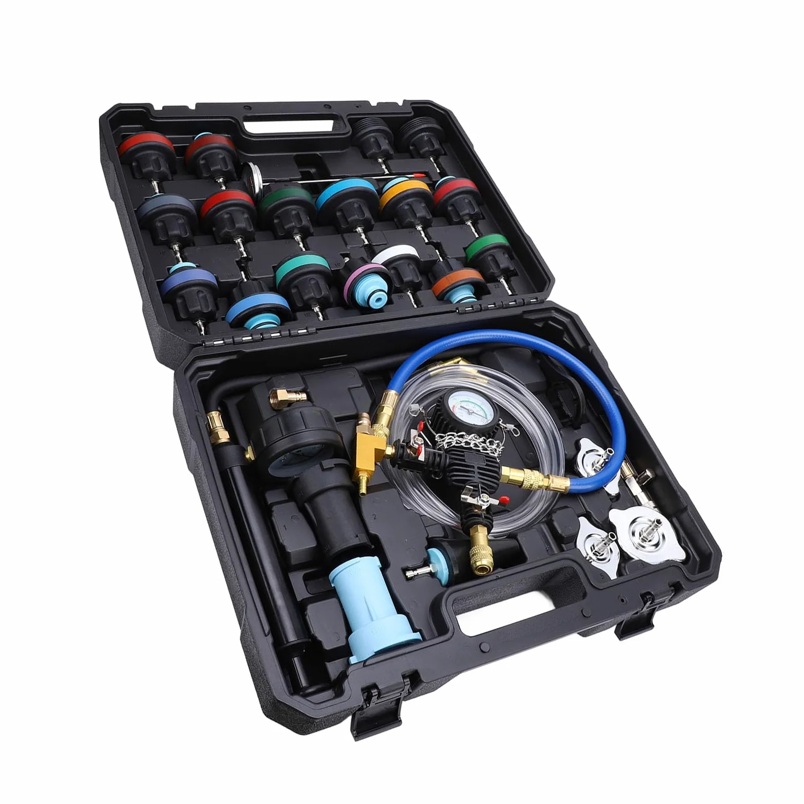 RiToEasysports Kit de Probador de Presión de Radiador, Kit de Probador de Presión de Refrigerante de Metal y ABS, 28 Piezas con Termómetro Indicador y Recambio de Vacío para Comprobación de Fugas