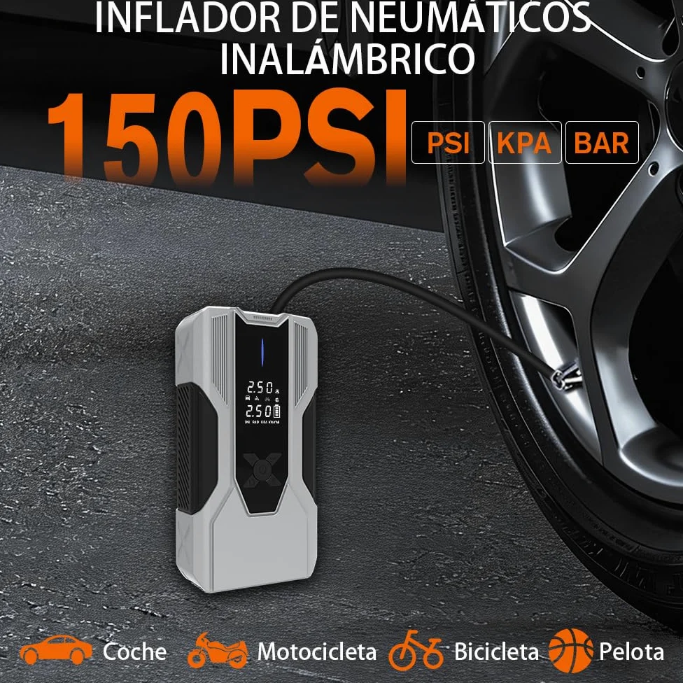 AWESAFE 12000Mha Inflador de Neumáticos 150PSI con Arrancador de Baterias de Coches (Todo Gasolina o 10L Diésel), Compresor de Aire Portátil para Coche con Pantalla LCD, Luz de Emergencia