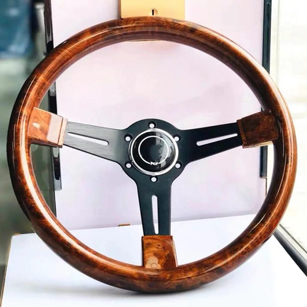 Surakey Volante retro de 14 pulgadas, volante clásico de 350 mm, volante vintage de madera con adaptador de cubo de volante de 6 agujeros, universal retroequipamiento vintage con kit de botón de