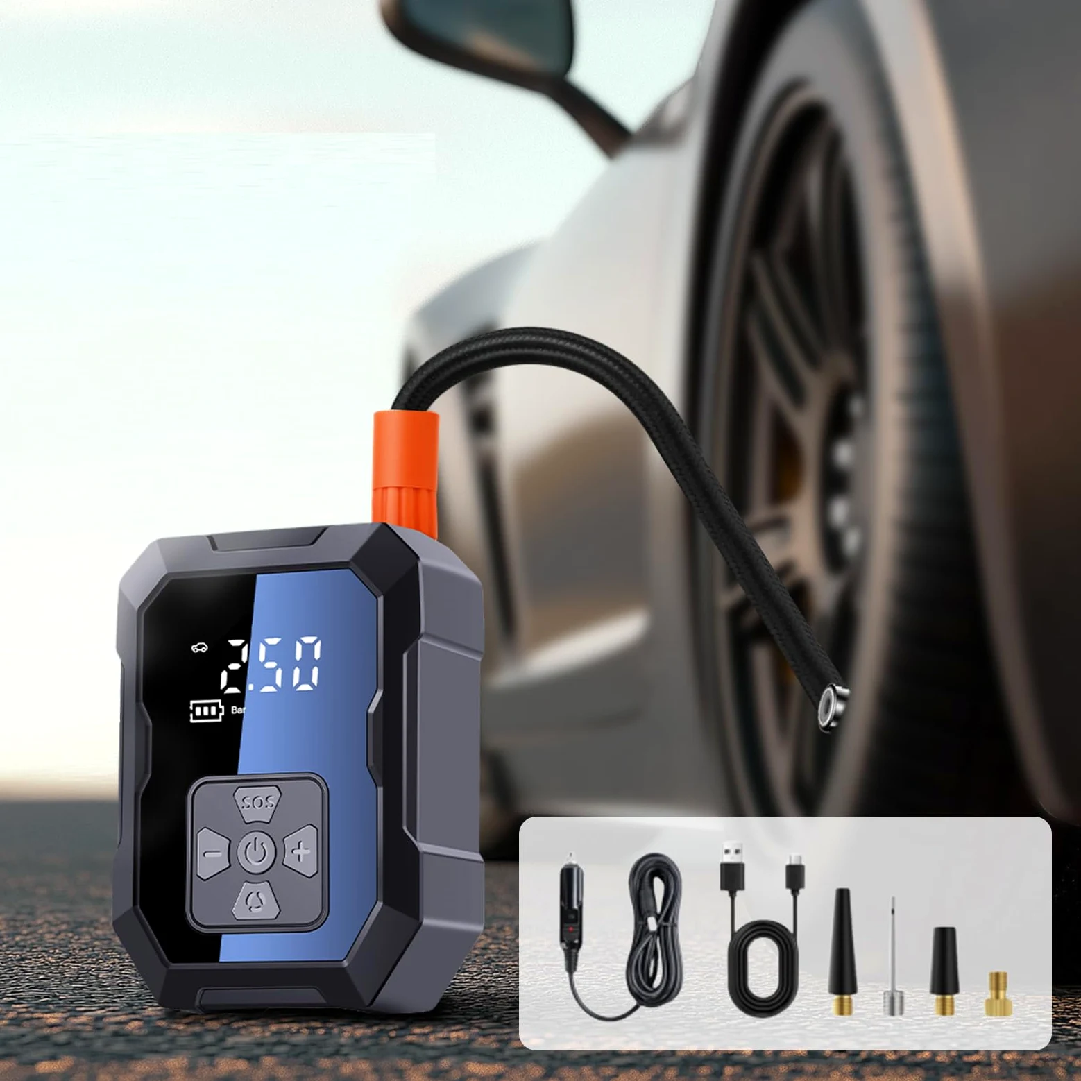 Compresor de aire portátil inflador de neumáticos, bomba de neumáticos 2 en 1 inalámbrica y encendedor de cigarrillos, con manómetro, hasta 150 psi, pantalla digital para coches, motocicletas