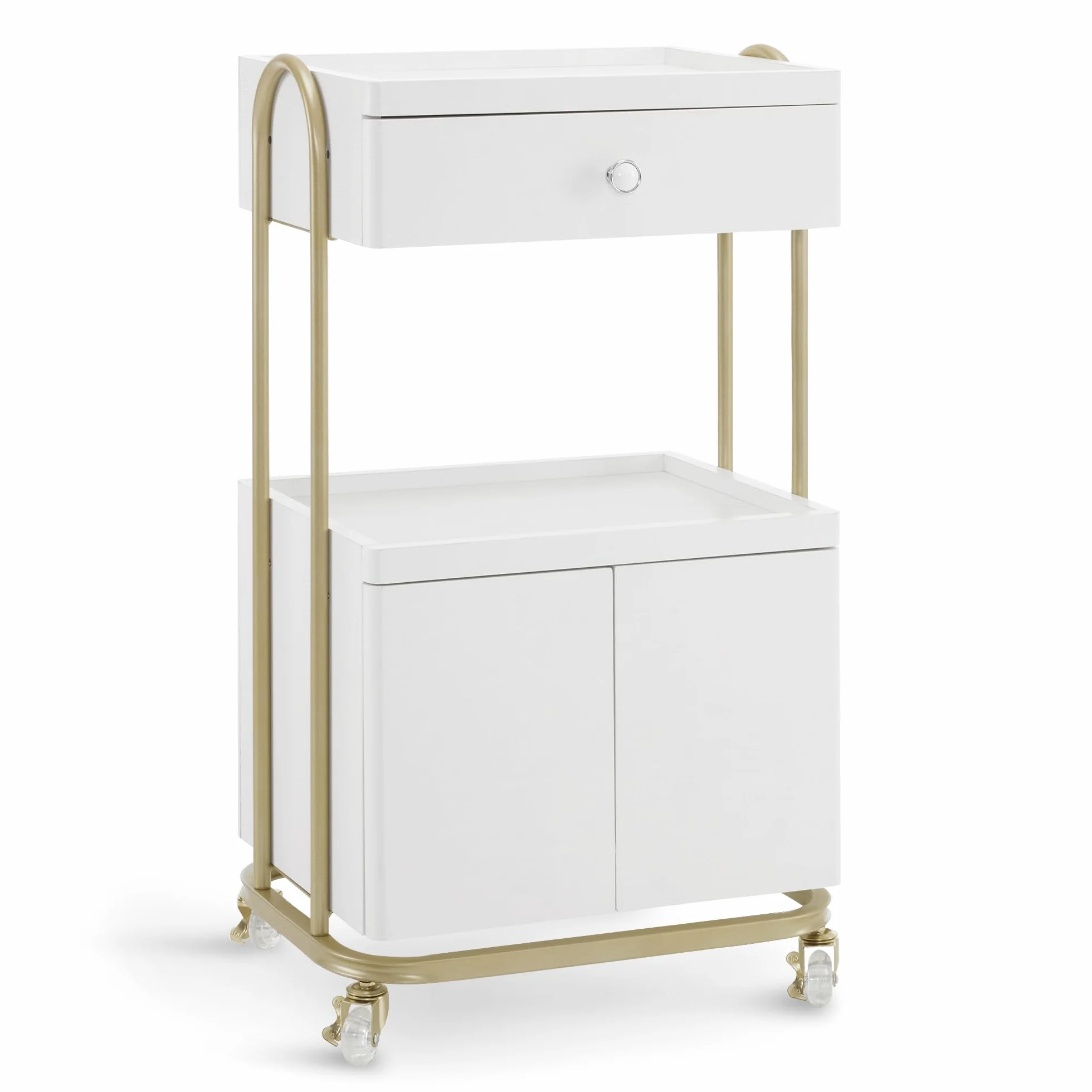 MCombo Carro de servicio con ruedas y cajón, carrito de peluquería blanco y dorado 36x50x87 cm