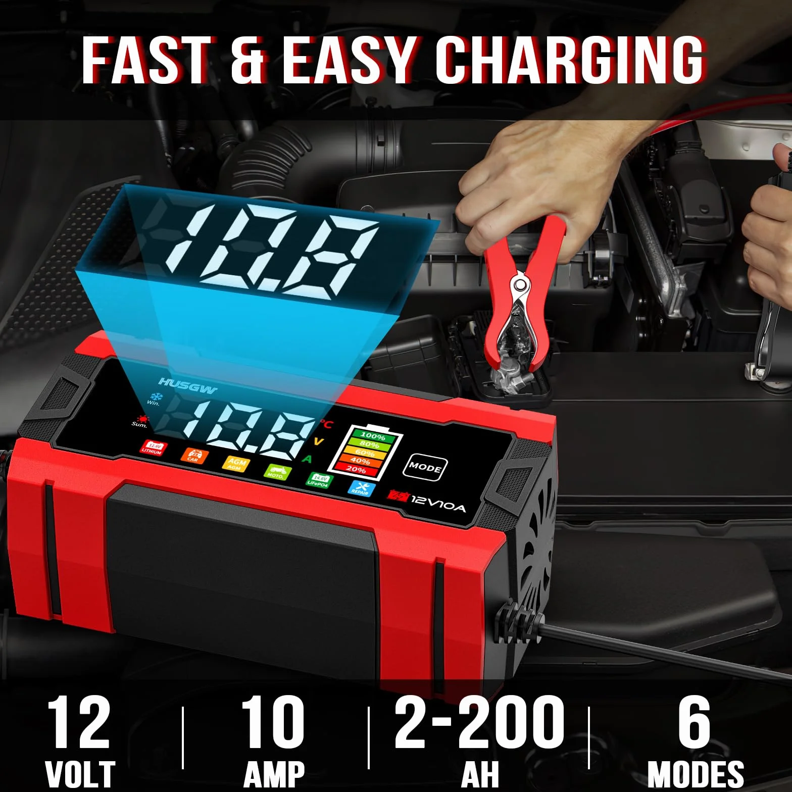12V 10A Cargador de Batería de Coche, LiFePO4 Cargador de Batería de Moto, Proceso de Carga de Tres Etapas, Protección de Seguridad Múltiple, para Auto, Moto, AGM, Gel, Wet, SLA, LiFePO4 (10 Rojo)