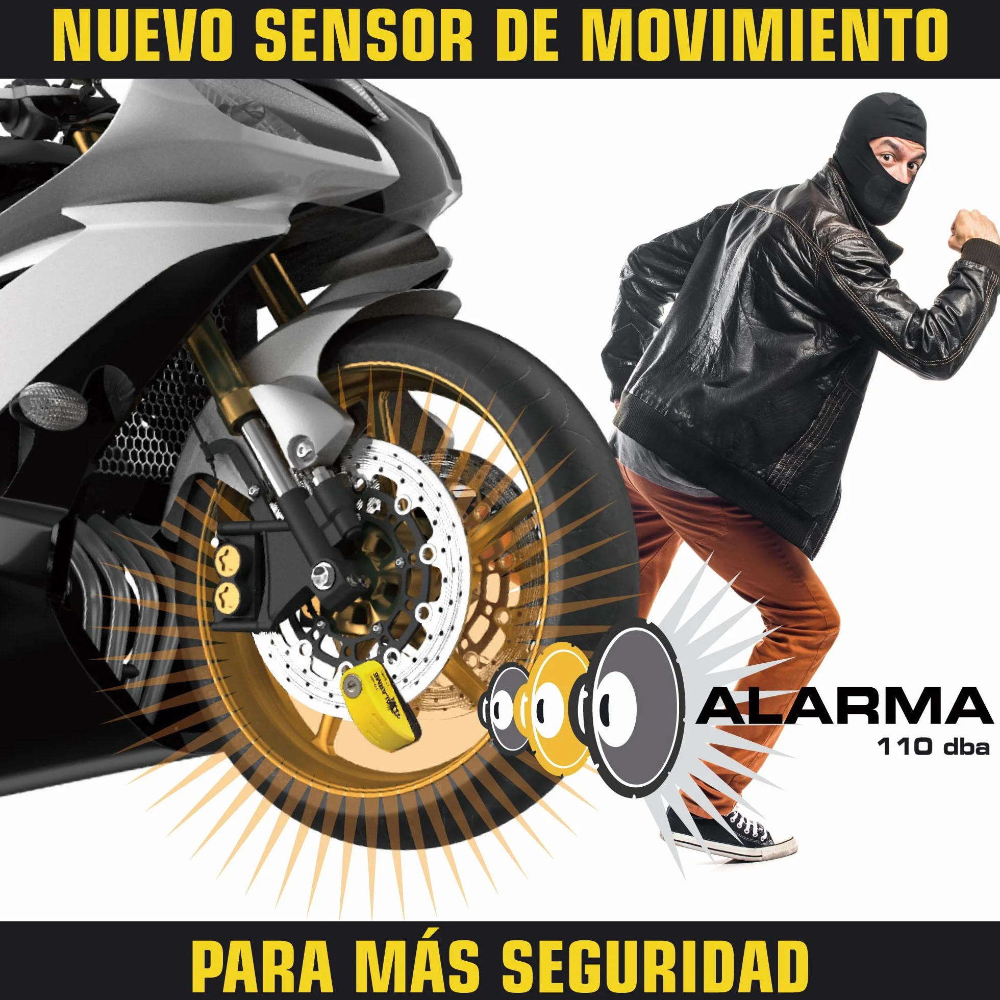FR Sécurité FR7Y Candado Moto Disco con Alarma 110 DB, Antirrobo Moto Freno 7mm con Accesorios 1.5m Cable Recordatorio y Candado Bolsa, Pinza Moto Antirrobo para Motocicletas Bicicleta