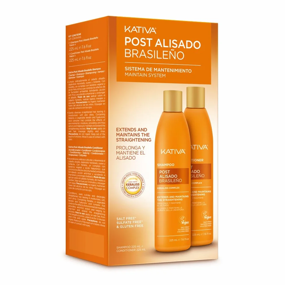 KATIVA Champú y Acondicionador Post Alisado Brasileño Antifrizz Kit 2x225 ml con Keratina Vegetal y Ácido Hialurónico