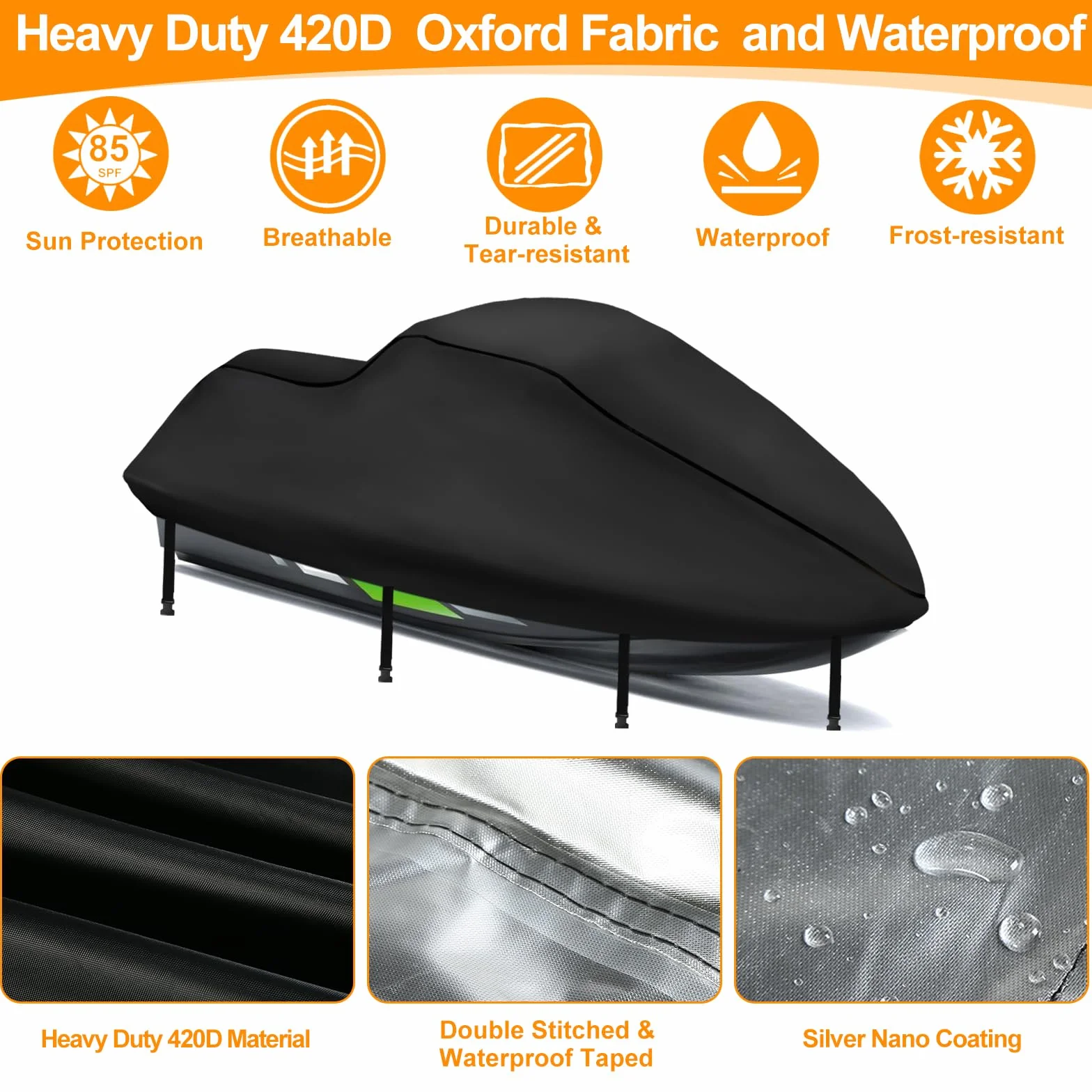 Funda de Jet Ski 420D Impermeable, Funda de Jet Ski 3 Asiento, con 2 Orificios de ventilación, Resistente a los Rayos UV, Compatible con Waverunner Polaris, 291-318cm
