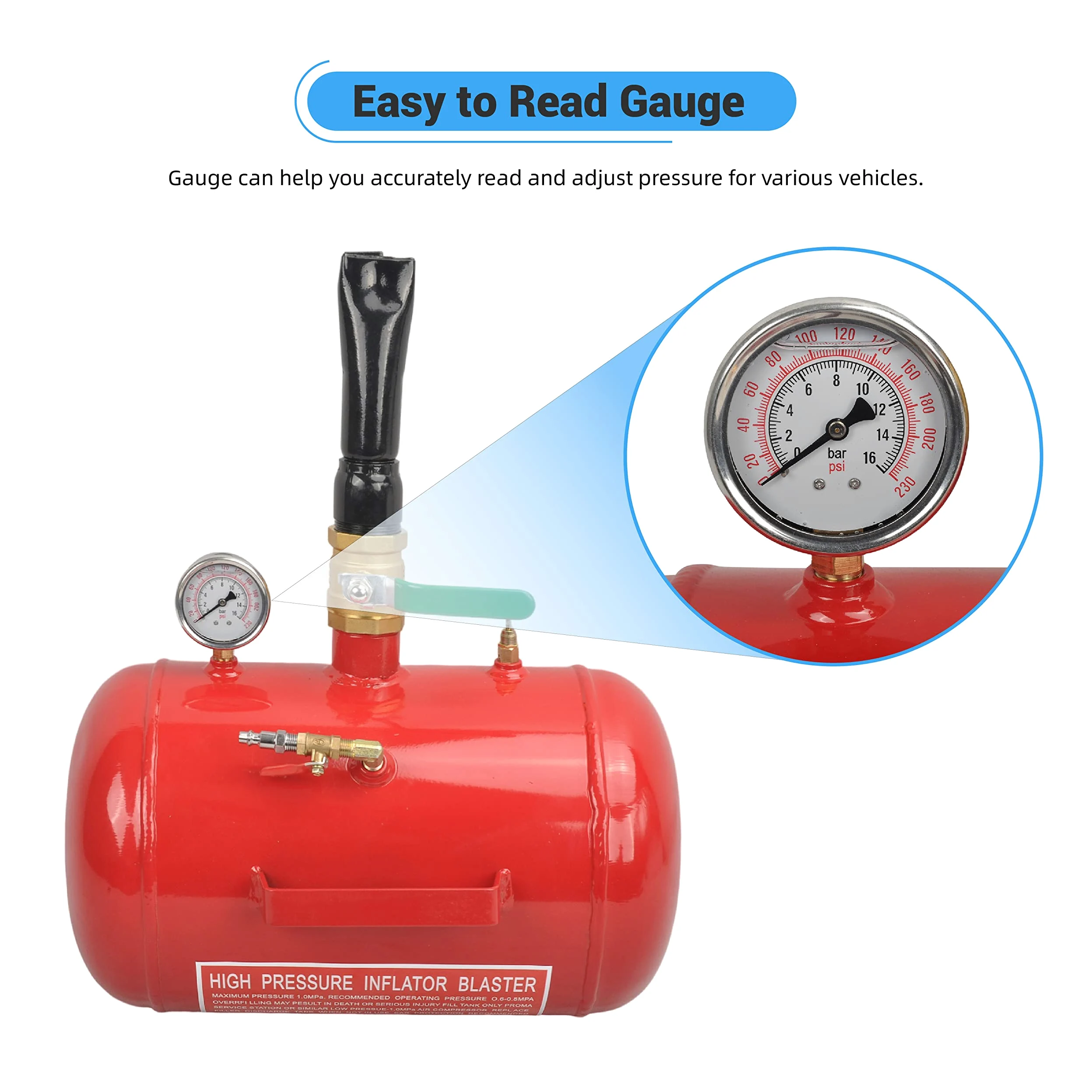 Inflador de neumáticos de 5 galones, 110 PSI, herramienta de explosión, inflador de neumáticos con manómetro, tanque inflador de neumáticos para automóvil, camión, ATV, color rojo