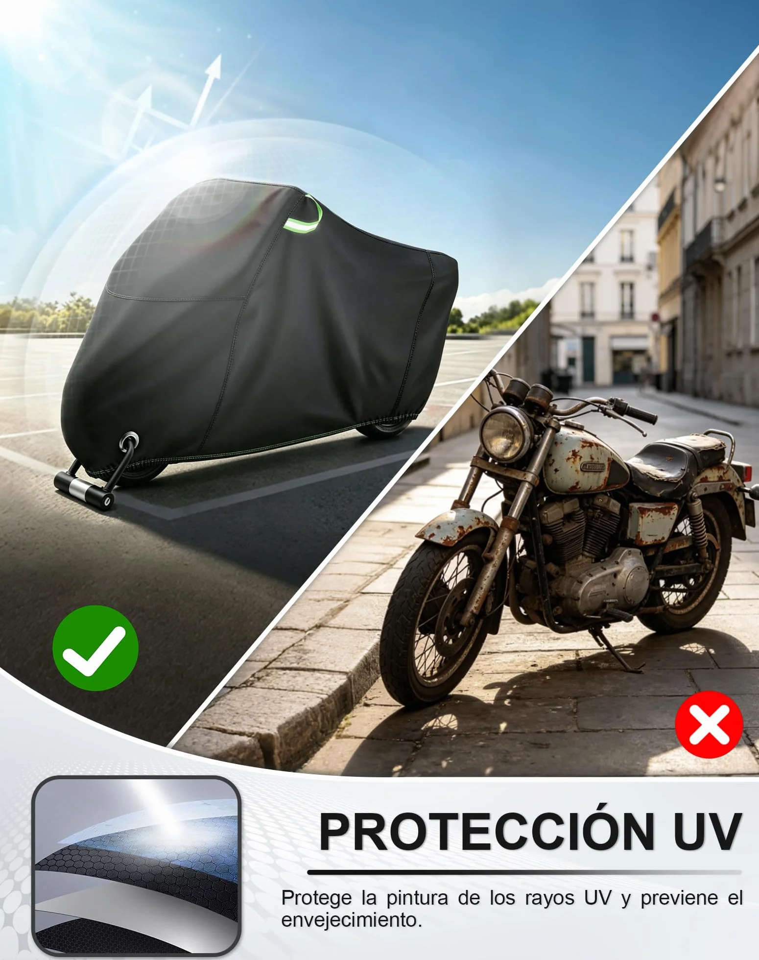 Funda Moto Impermeable 420D Oxford (225cm) - Cubierta Exterior Anti-UV y Viento, con Orificios para Candado e Tiras Reflectantes, per BMW GS, Africa Twin, Tiger (225 * 95 * 125cm)