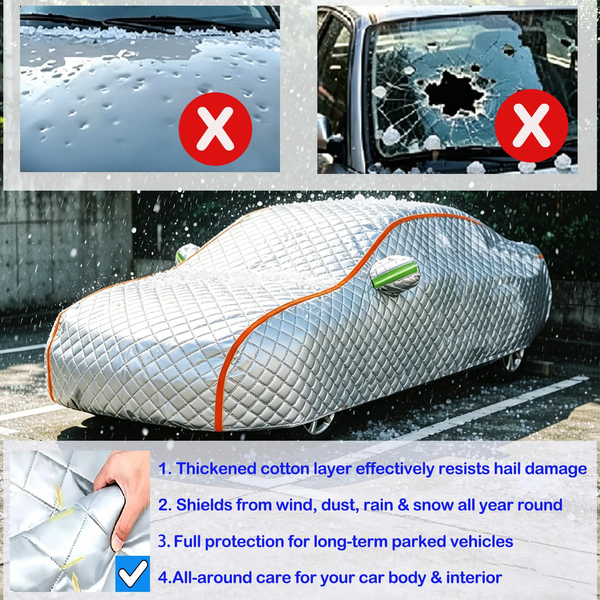 Funda Coche Antigranizo para Jeep Renegade,Cobertor para Auto contra Granizo,Funda de Coche Exterior Impermeable con Cremallera Lateral Tiras Reflectantes Largas