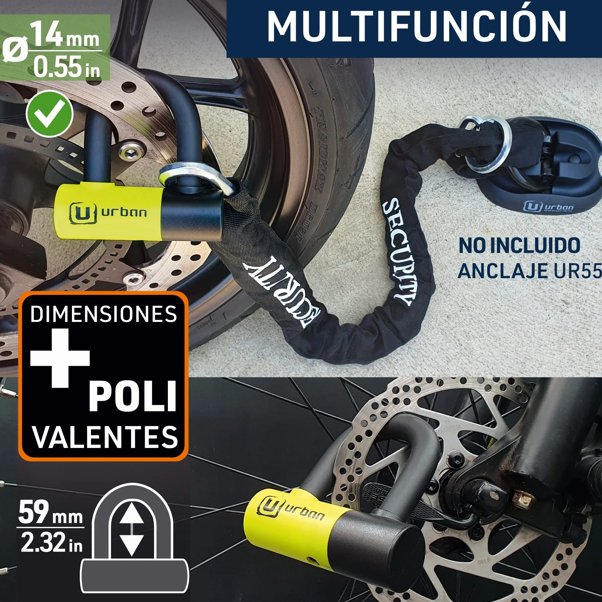 URBAN UR59120 Candado Antirrobo Mini U con Cadena Lazo 120 cm, Doble Función Más Seguro para Candado Moto Disco, Cerradura Alta Seguridad y Doble Cierre, Antirobo Universal para Moto,Scooter Bicicleta