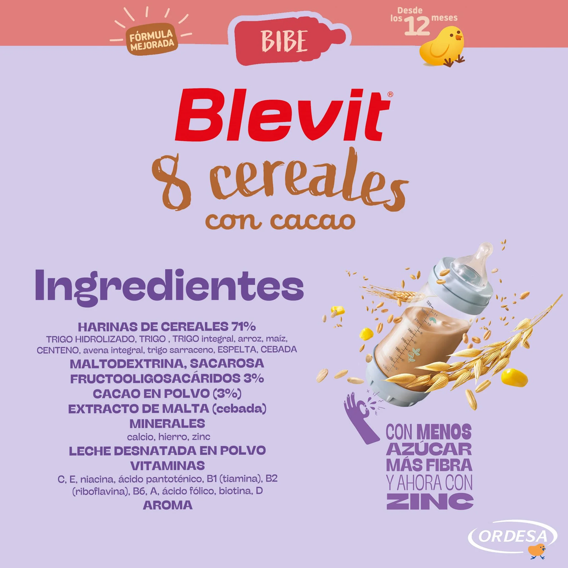 Blevit Bibe 8 Cereales con Cacao 500g Papilla para Bebé 12 meses 14 Vitaminas y Minerales