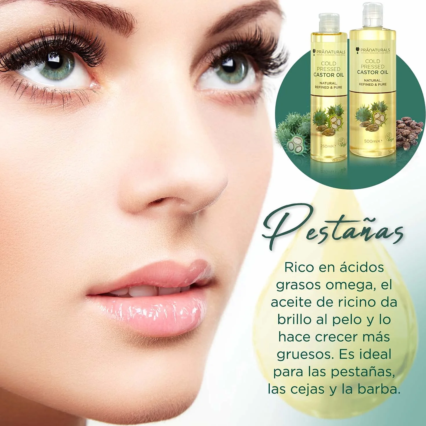 Aceite de ricino prensado en frío 500ml 100% vegano natural para crecimiento pelo pestañas piel suave omega 6 y 9
