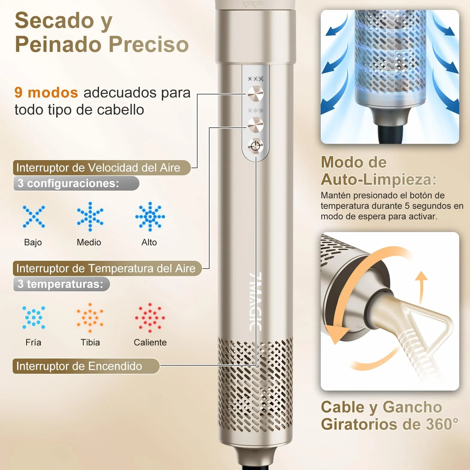 7MAGIC Moldeador Pelo 6 en 1, Secador Cepillo Alisador 1300W, Efecto Coanda, Cuidado iónico