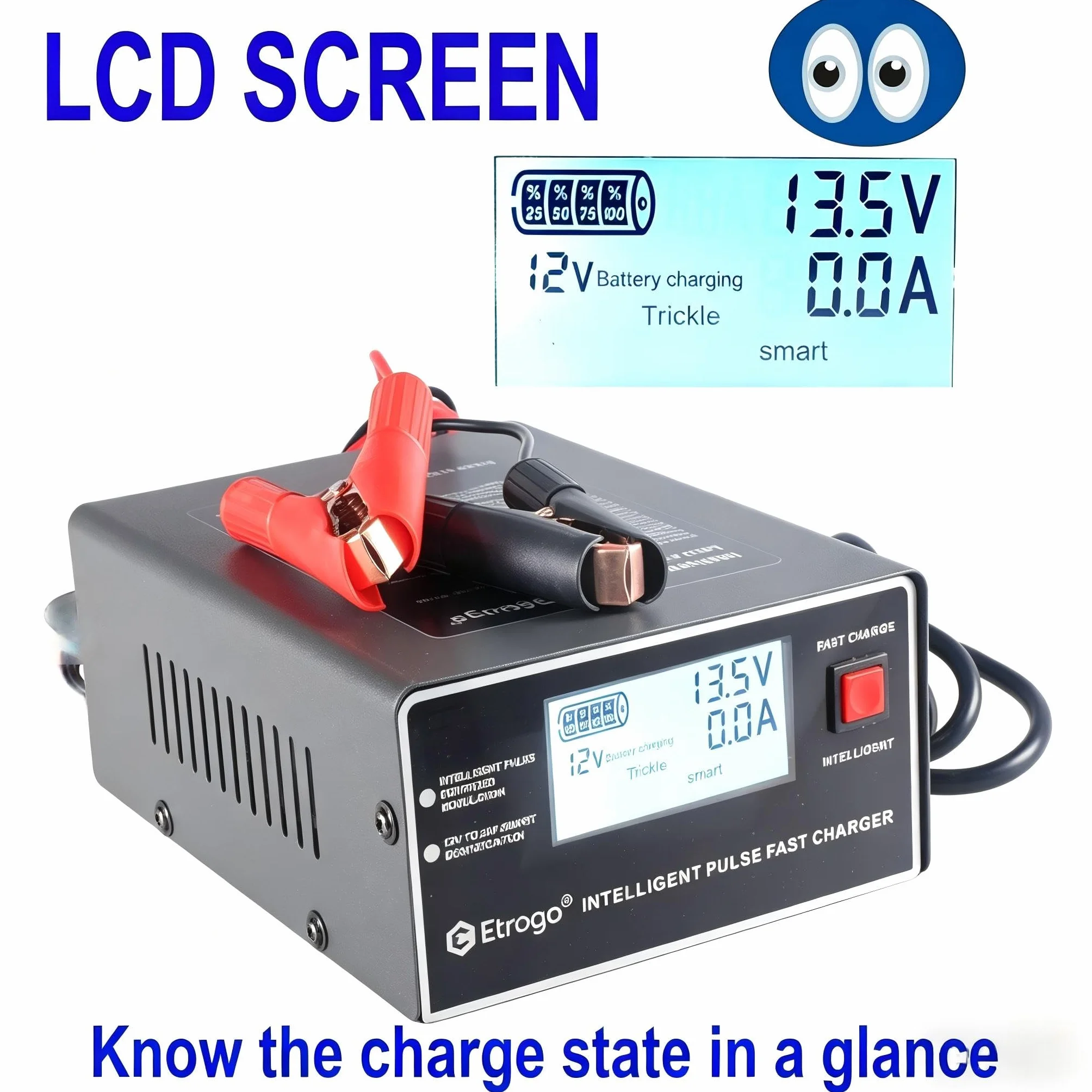 Etrogo Cargador Coche 12V 24V 10A 250W de Pulso Inteligente con Función Automática de Detección Reparación Mantenimiento con Pantalla LCD