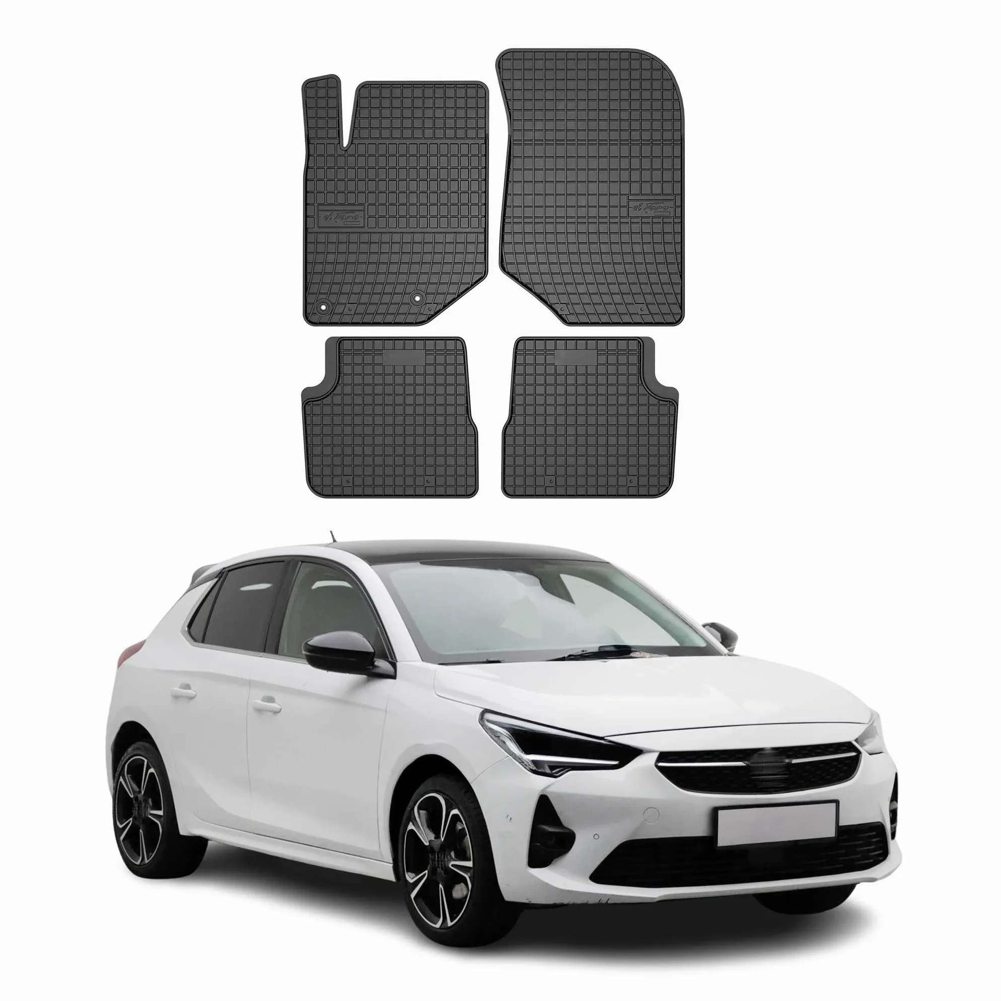 OMAC Alfombrillas de Goma Compatibles con Opel Corsa F 2019-2025 Alfombrillas de Coche Goma TPE Negro 4X | Alfombrillas de goma para todo tipo de clima, antideslizantes, producto específico para vehículos, impermeables