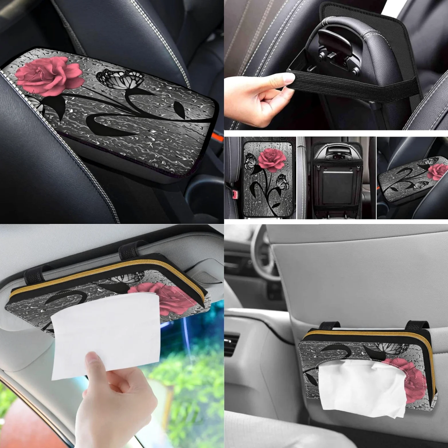 Xoenoiee Juego completo de fundas universales para asiento de auto, incluye soporte para gafas de sol, soporte para gafas de sol, funda para volante, almohadillas para cinturón de seguridad, llaveros