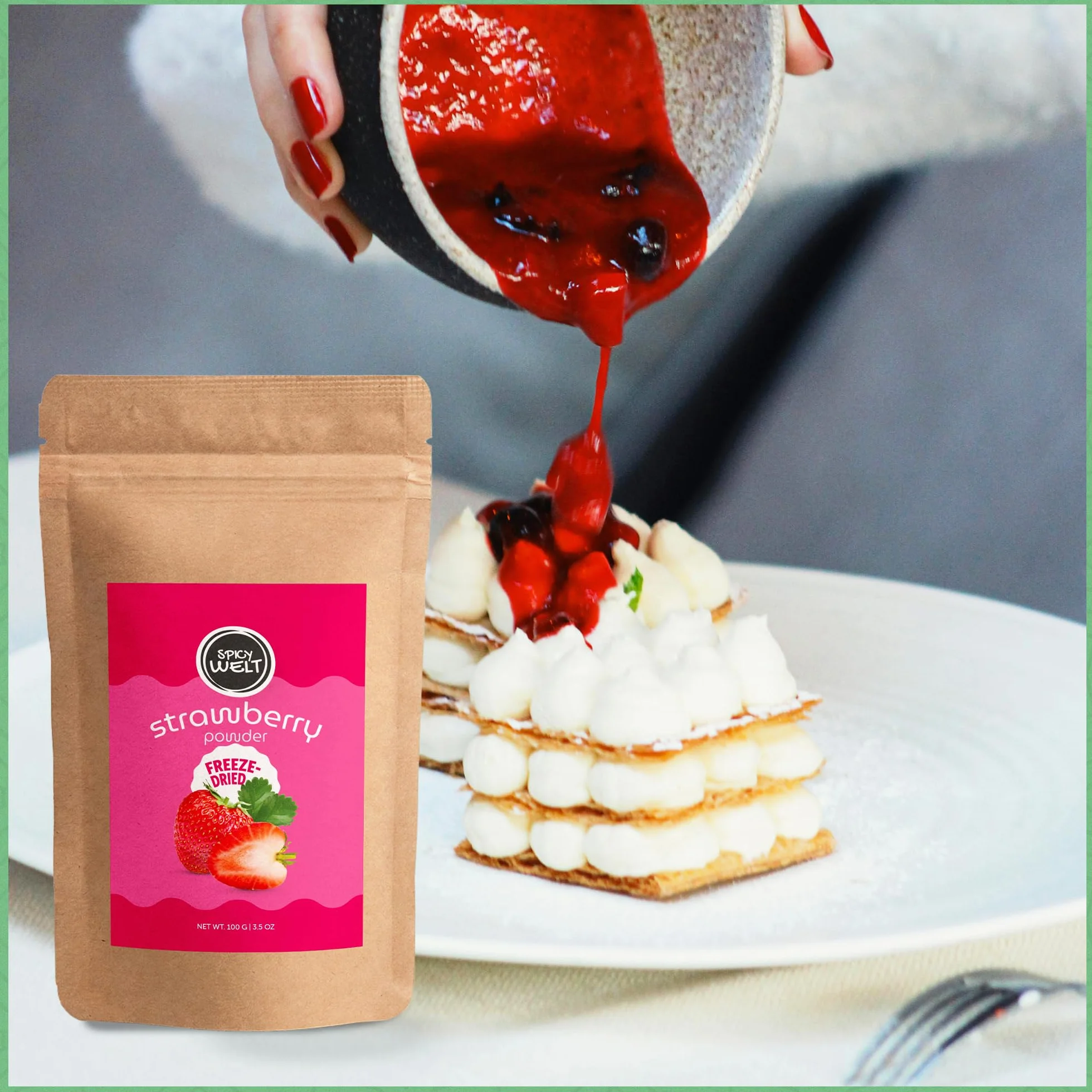 Spicy Welt Polvo de Fresa Liofilizada (100g) – Fresas Molidas Naturales para Batidos y Repostería