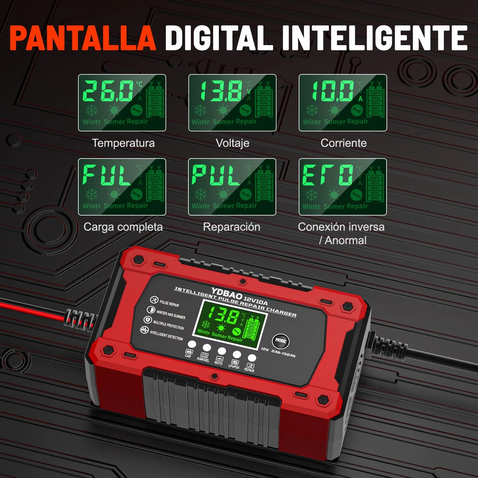 YDBAO Cargador de Batería de Coche 12V 10A Cargador Baterias Coche y Moto Inteligente con Reparación y Múltiples Protecciones y Pantalla LCD Cargador bateria para Auto,Moto, Camión, AGM, Gel,SLA