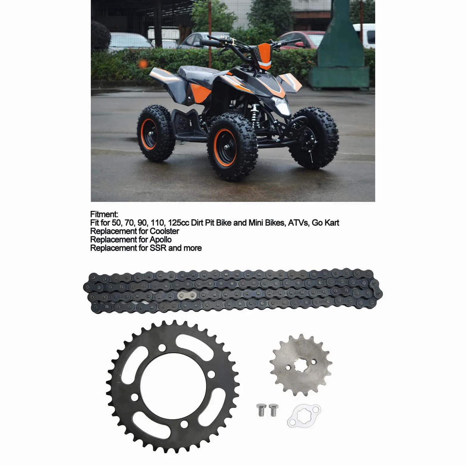Fydun Kit de Piñón de Cadena 420, Cadena 420 155 Mm 37 Dientes Delantero 420 17 Dientes Rueda Dentada Trasera Tratamiento Térmico Universal Reemplazo para Minimotos ATV Go Kart de 50 a 125