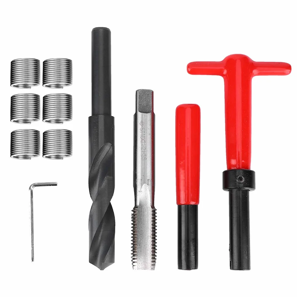 Kit de Reparación de Roscas, M16x2 Acero Inoxidable Taladro Retorcido Llave de Rosca Herramienta de Inserción Roscada Kit de Inserción de Rosca Helicoidal Para Reparación de Roscas