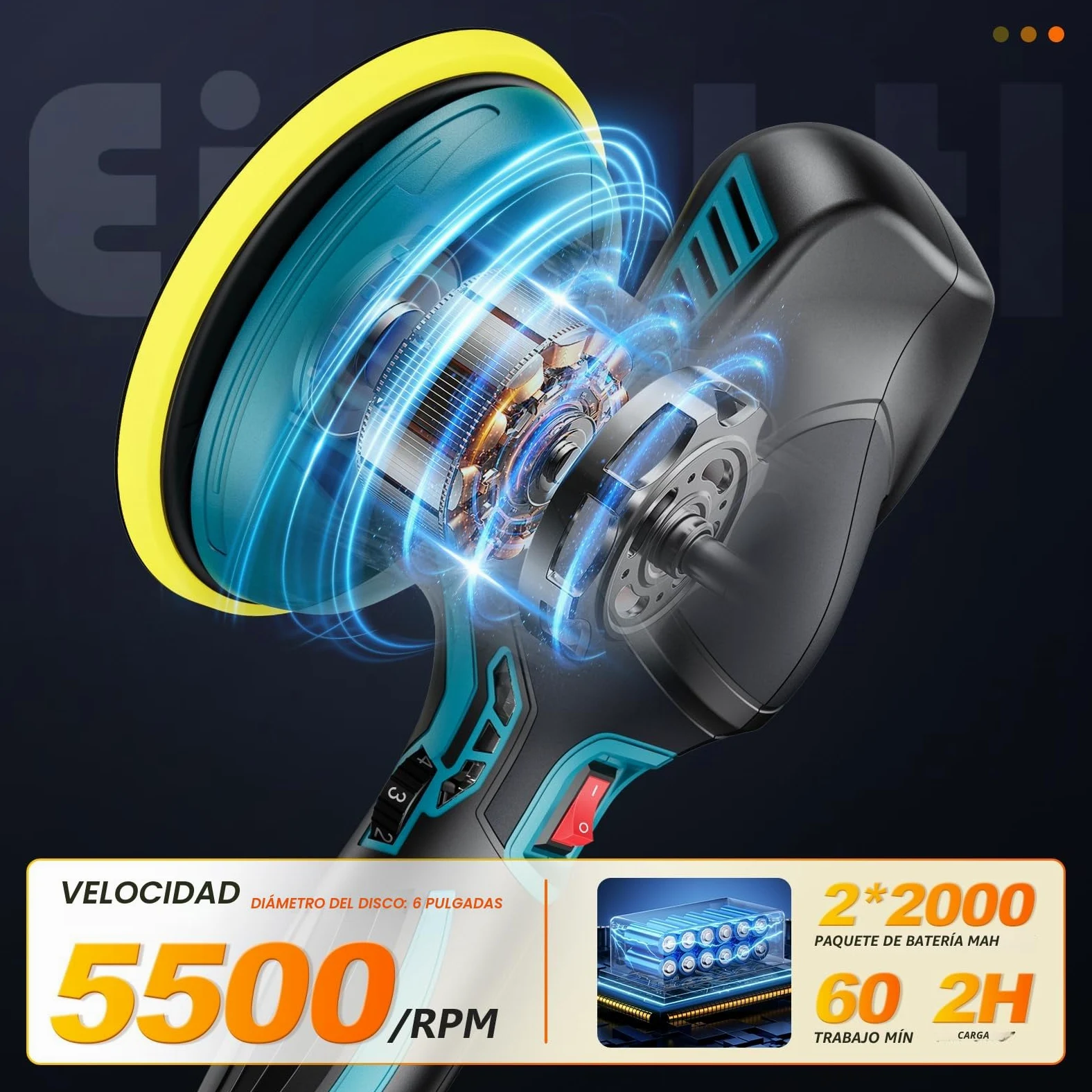 Pulidora Coche Inalámbrica 150 mm Orbital Doble Acción con 2×21V 2000mAh Baterías, Kit 13 Piezas, 6 Velocidades Ajustables 5500RPM, Pulidora Batería para Encerar, Eliminar Arañazos y Renovar Pintura