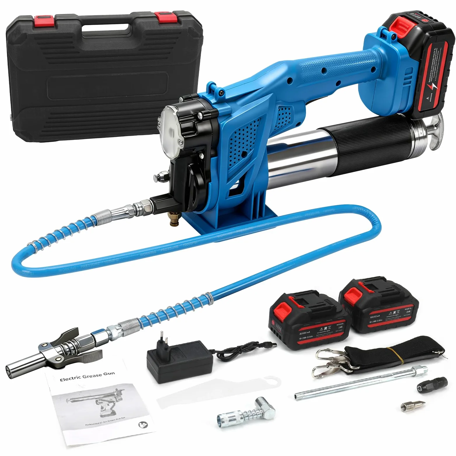 WingFly Engrasadora Batería, 12000 PSI y 4,6 oz/min, Pistola de Engrasar Eléctrica con 2 Baterías de 3000 mAh, Manguera de 39,4", Acoplador de 90° y 3 Puntas para Equipos Pesados (con batería)