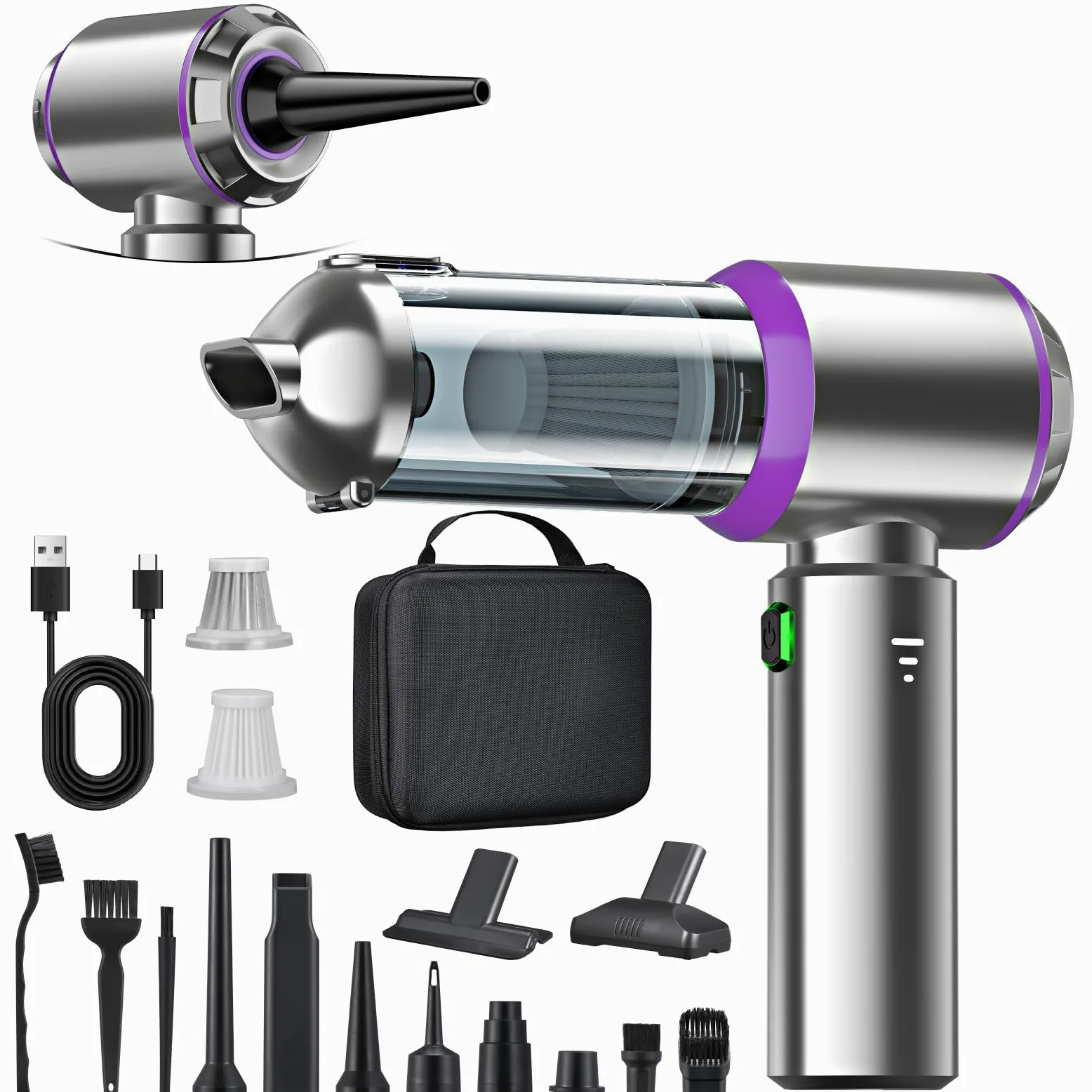 Aspiradora de mano con batería, 4 en 1, aspiradora de mano inalámbrica, 22000 PA, ganador de prueba, 3 marchas, 200000 rpm, mini aspiradora para coche, cocina, PC, sofá, oficina y limpieza de pelo de