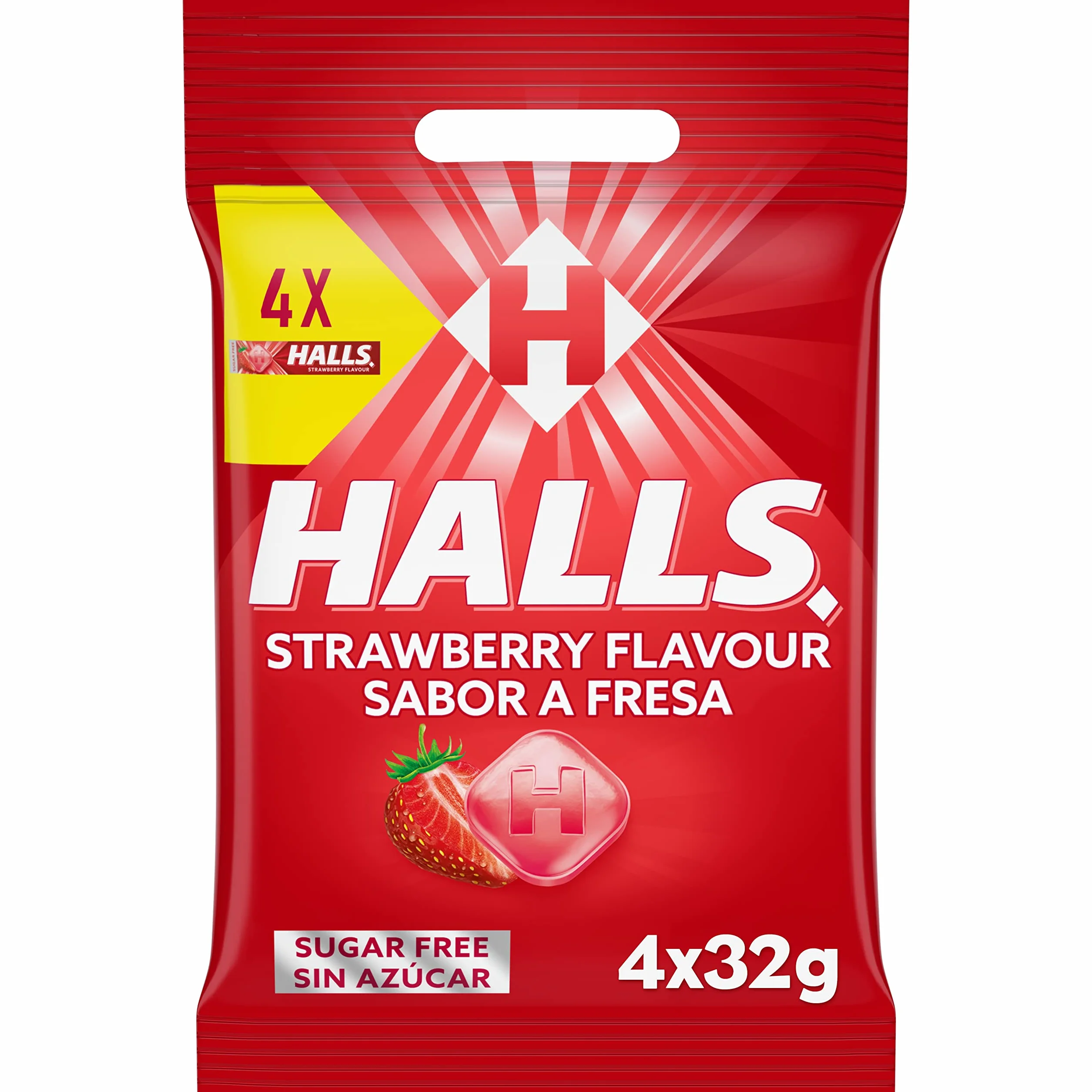 Halls Caramelos Sabor Fresa Sin Azúcar Paquete 4 x 32 g