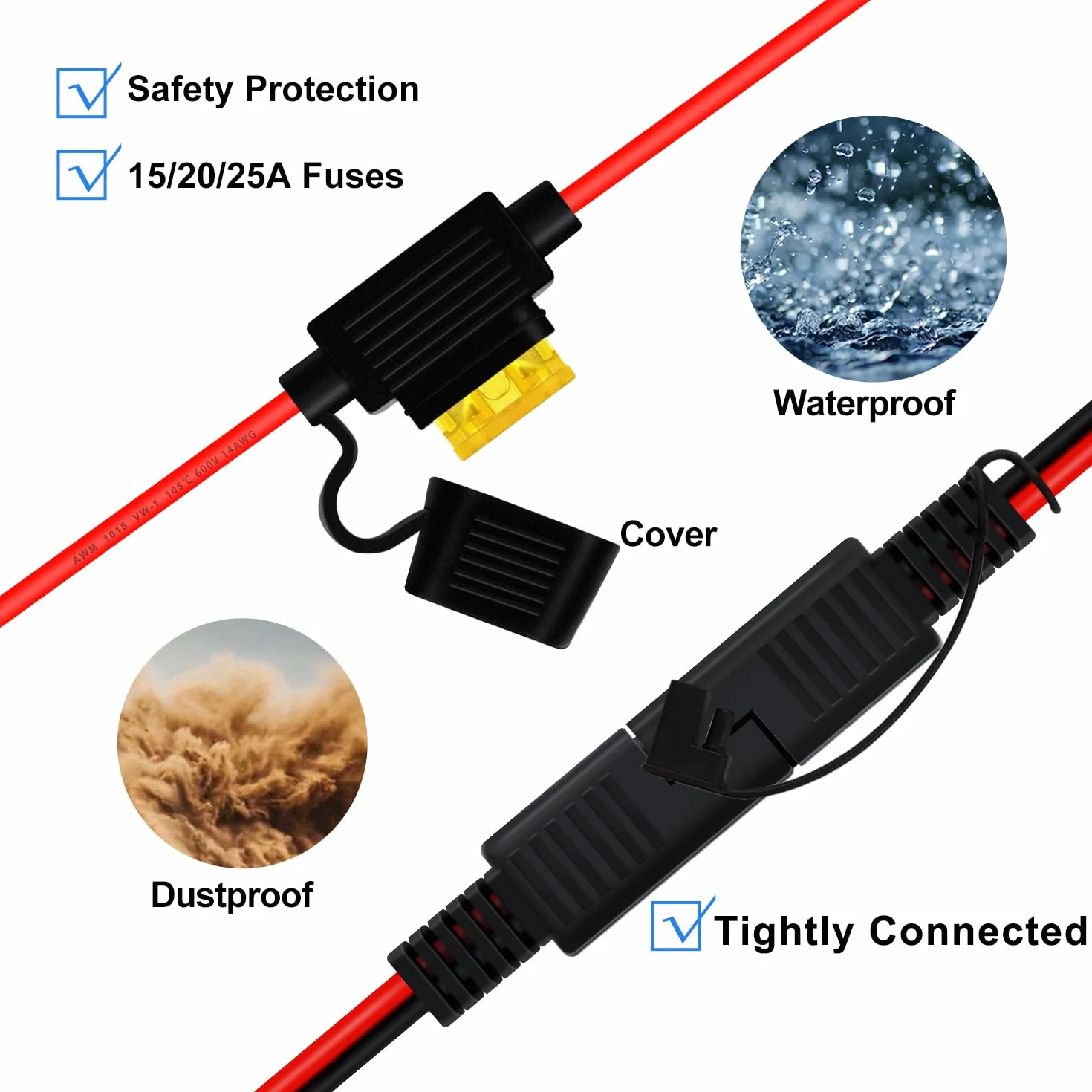 SAE Cable con Terminal de Anillo Cable Cargador Bateria Moto 14AWG 20A Cable Bateria Moto SAE con Fusible para Motocicletas, Paneles Solares, Automóviles, Barcos (1 m)