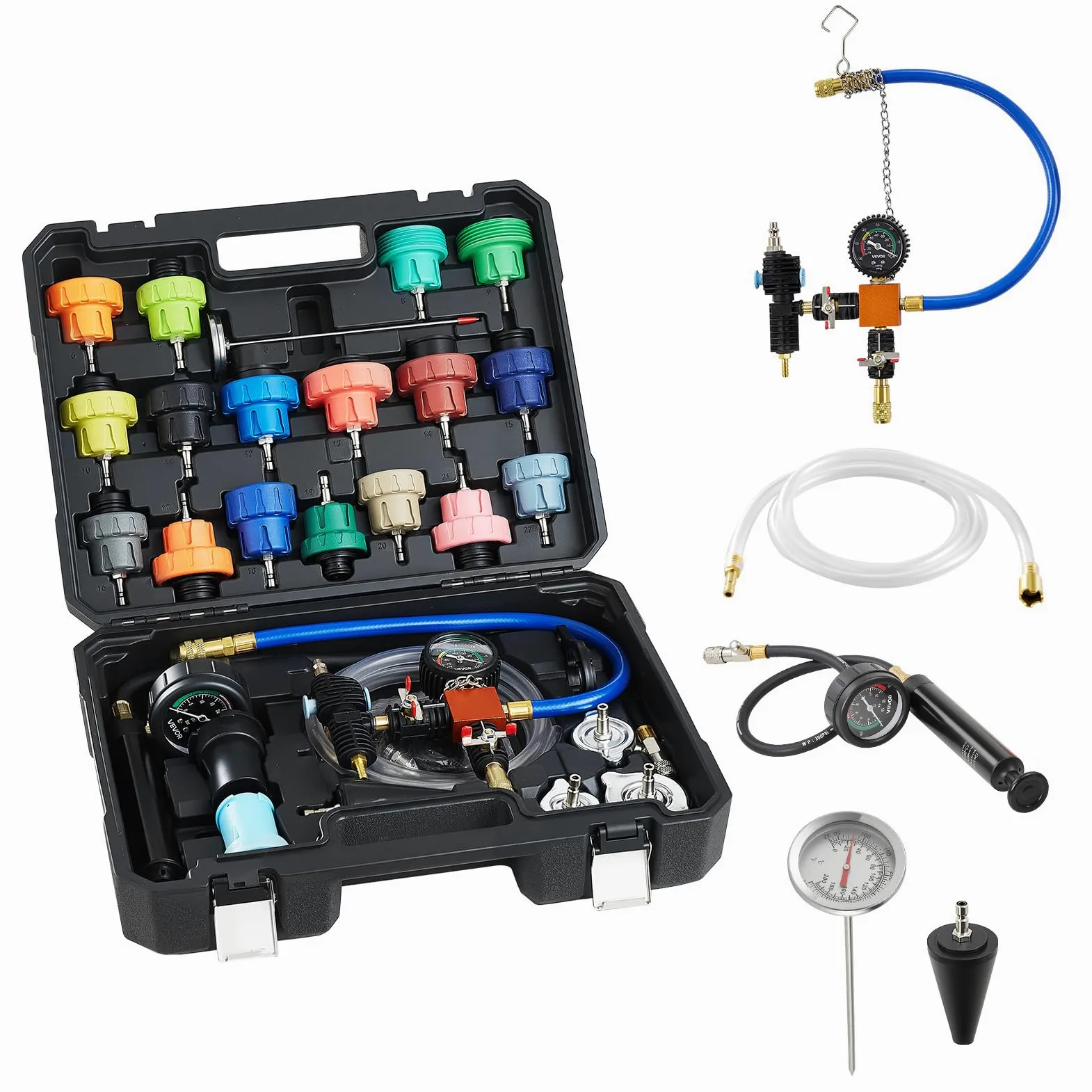 VEVOR Juego de 47 Manómetros de Refrigerante con 3 Adaptadores Metálicos, Ajuste Universal, para Sistemas de Refrigeración de Automóviles, con Bomba de Presión y Llenador de Aluminio y Plástico