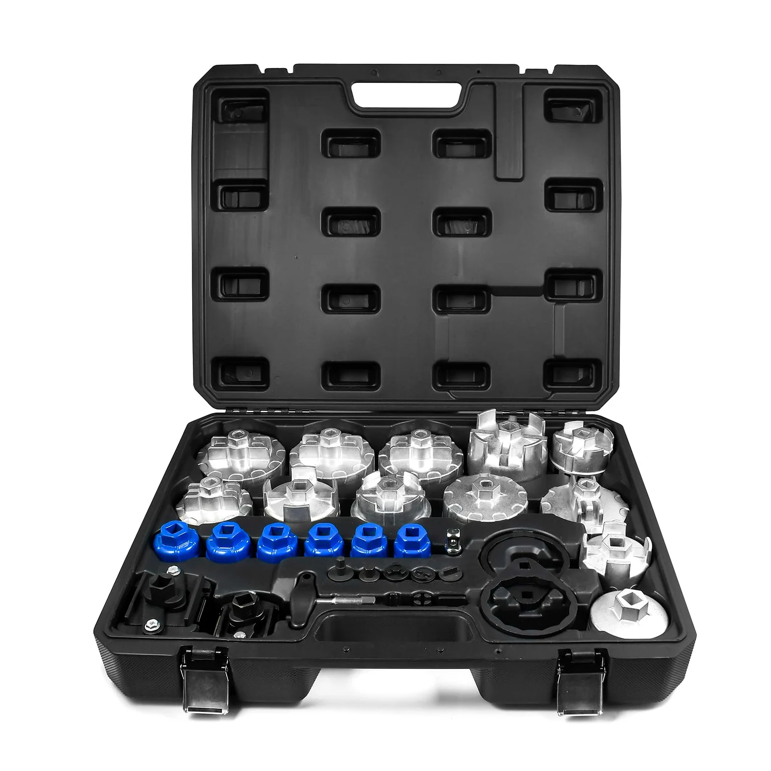 SMOTIVEPRO Juego de herramientas de filtro de aceite, 12 tapas de filtro de aceite, 2 llaves de filtro de aceite ajustables, 6 llaves de filtro de aceite, 2 pinzas para filtro de aceite, 8 llaves de