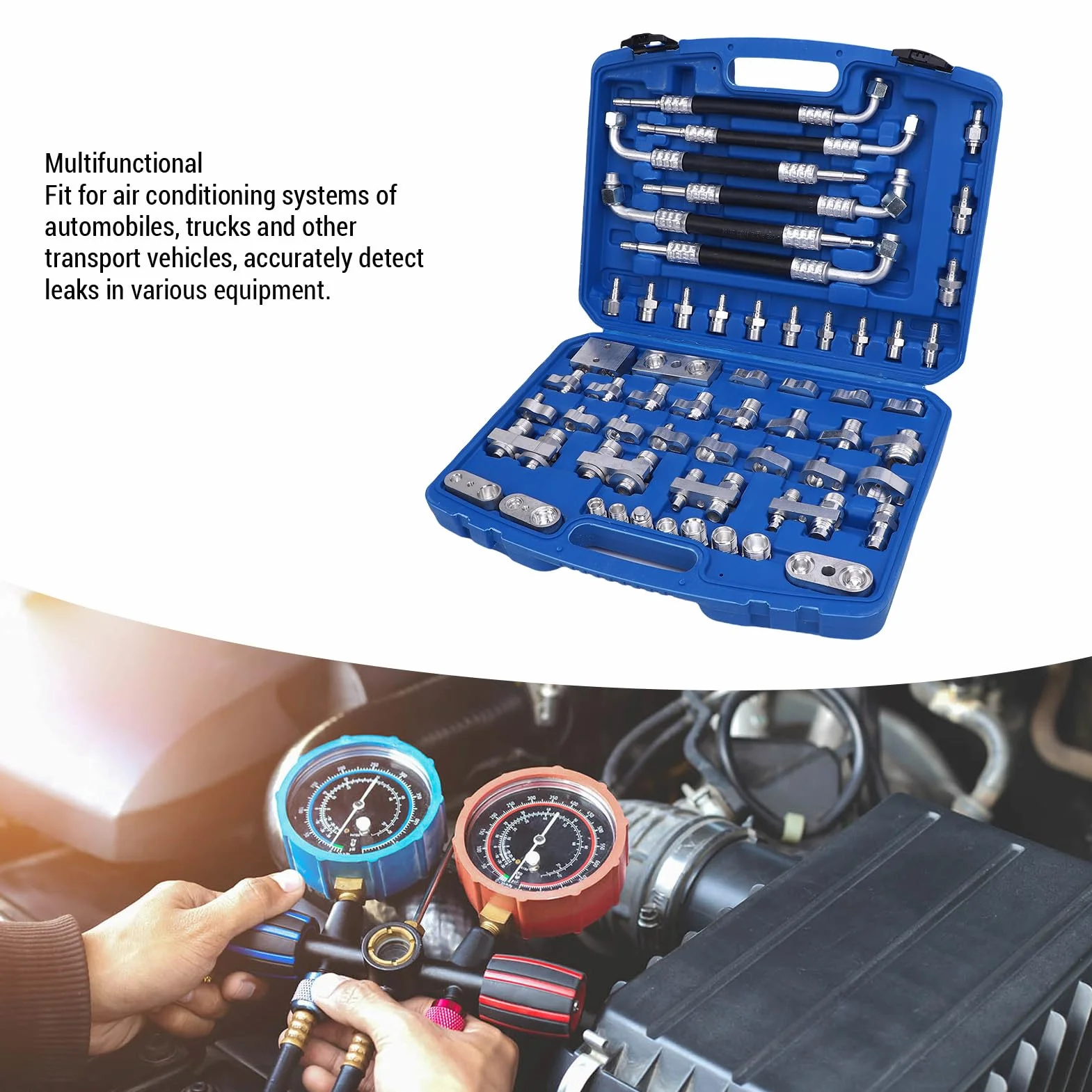 Luocute Kit de Prueba de Fuga de Aire Acondicionado Automotriz de 56pcs, Detector de Fuga de Aire Acondicionado para Automóviles de Camión de Automóviles, Kit de Herramientas de