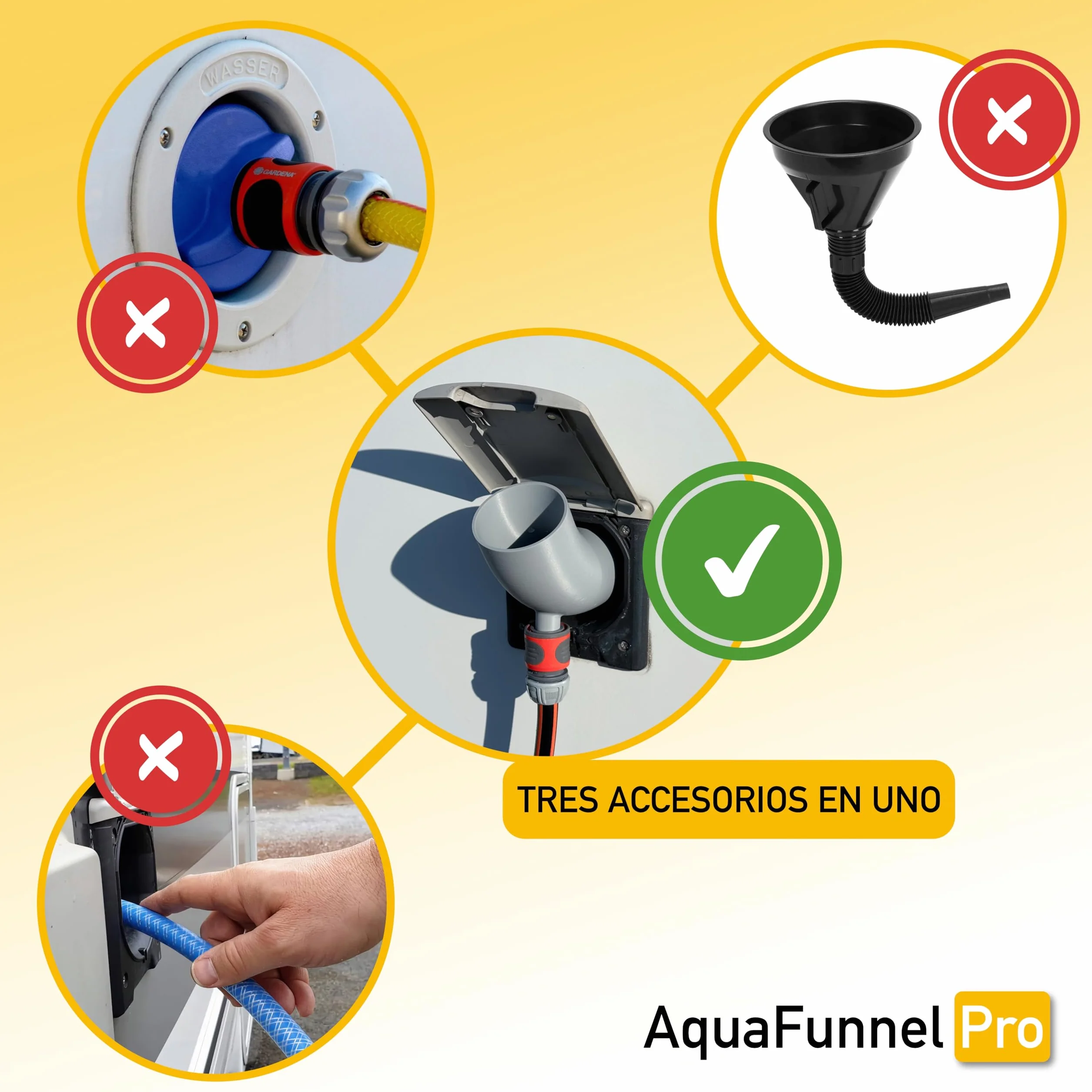 AquaFunnel Pro – Embudo para depósito de agua limpia de autocaravanas y campers, compatible con tapones estándar europeos, llenado con botellas y manguera. (78 mm - 3 pins)