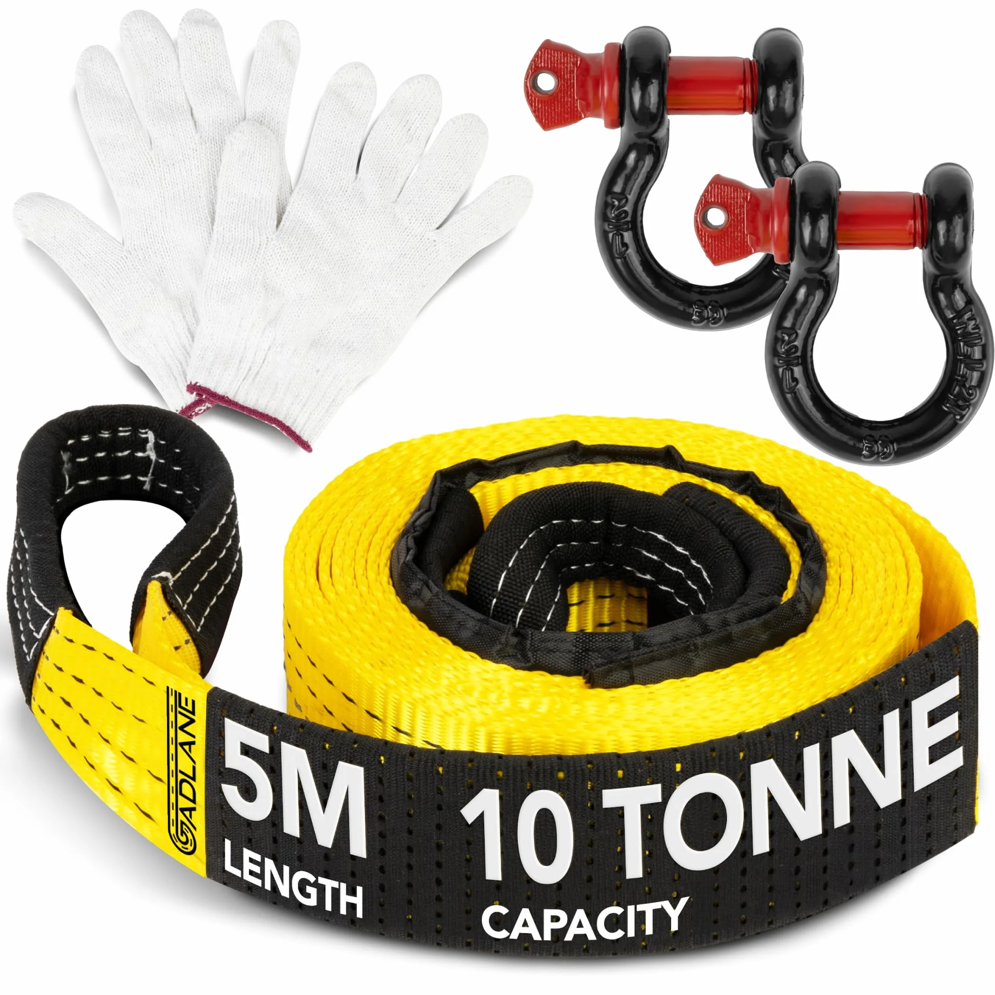 GADLANE Cuerda de remolque de alta visibilidad, 5 m, capacidad 10 toneladas, con bolsa y guantes, color: amarillo