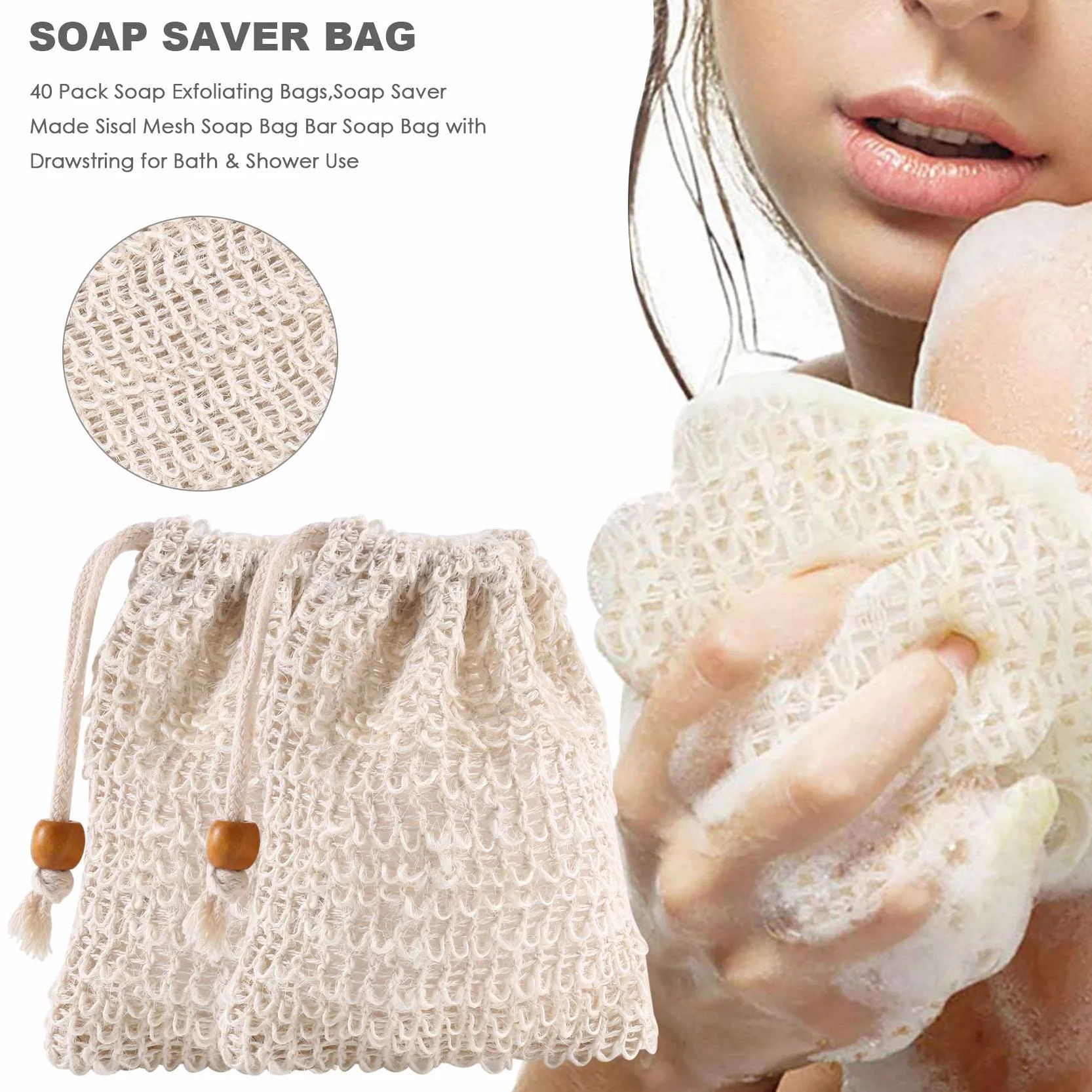 Bolsas de jabón de sisal con cordón para baño y ducha, 40 unidades