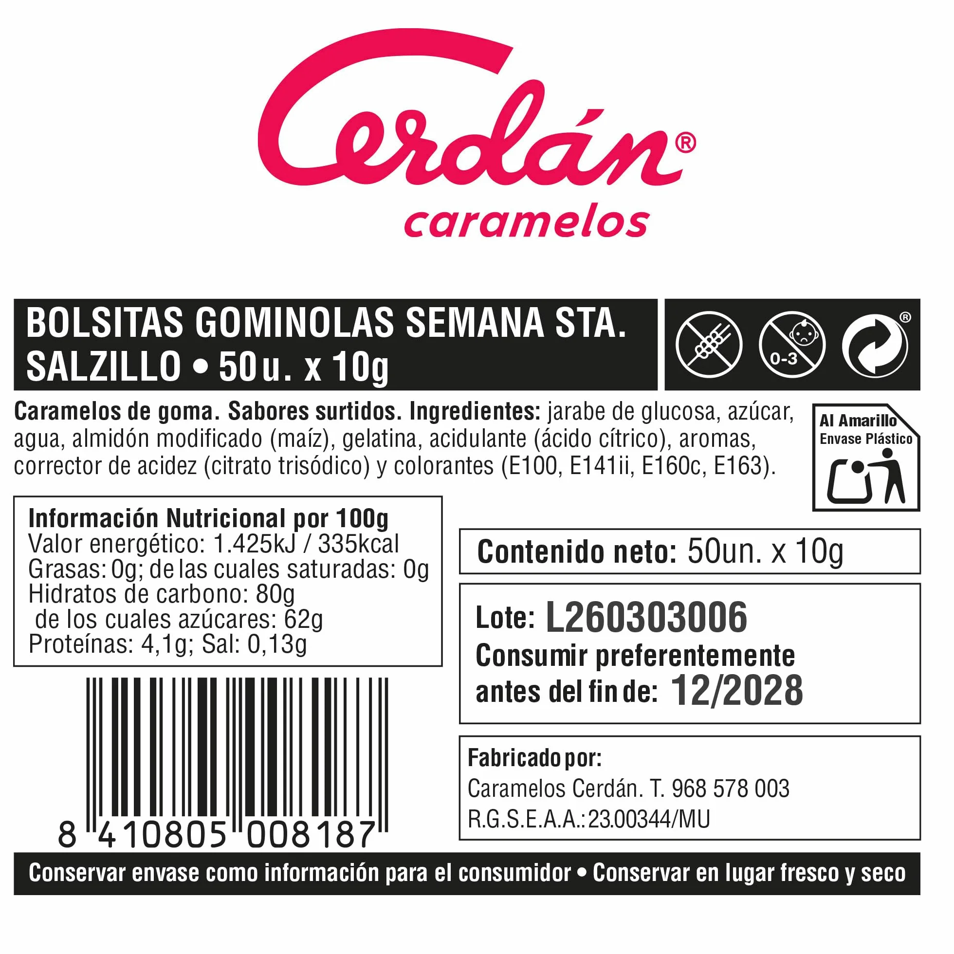 Caramelos Cerdán Gominolas Semana Santa Murcia con Imágenes de Salzillo y Recuerdos de Murcia Sabores Surtidos Bolsa 500g