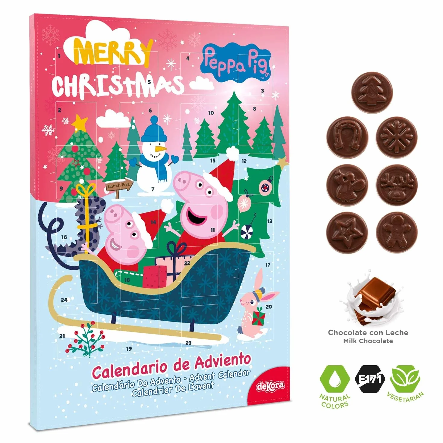 Calendario de adviento Peppa Pig 24 chocolatinas 50g chocolate con leche colorantes naturales Navidad