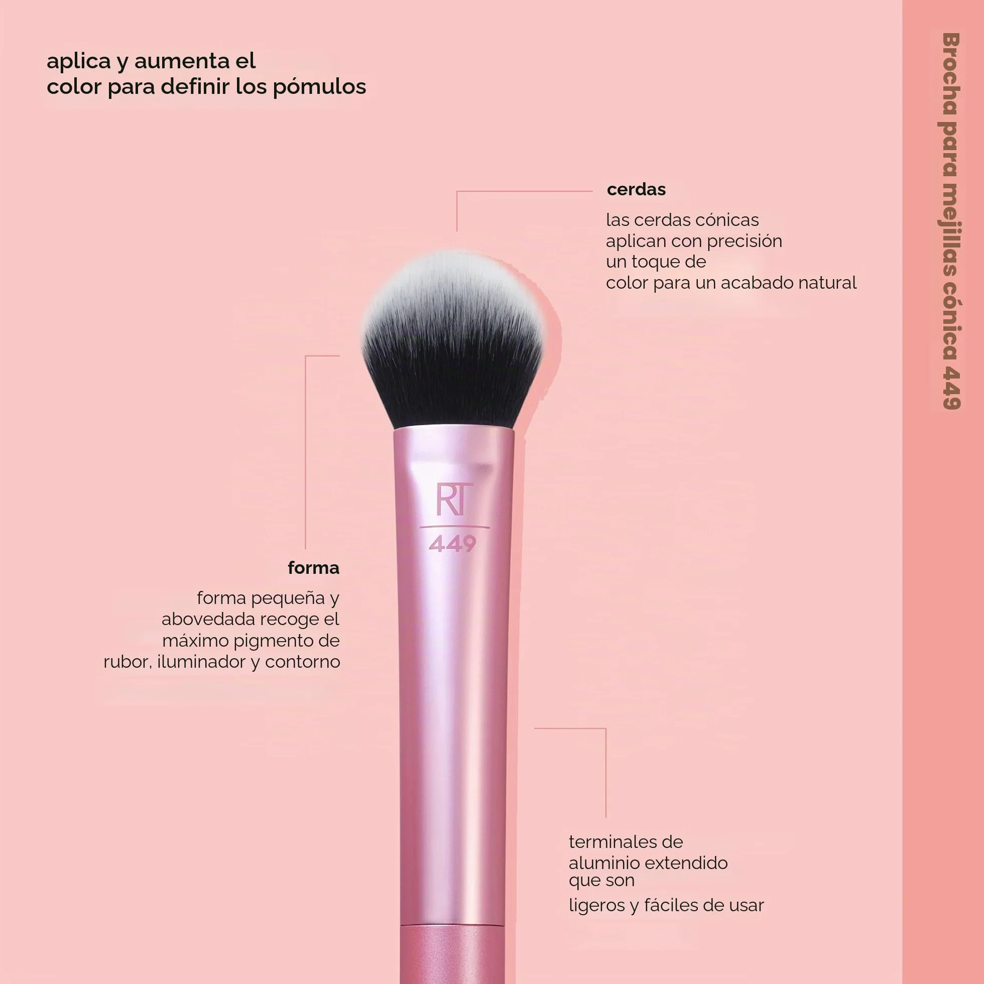 REAL TECHNIQUES Tapered Cheek Makeup Brush, Blush, Highlighter, Loose Powder, Soft Bristles, Pink